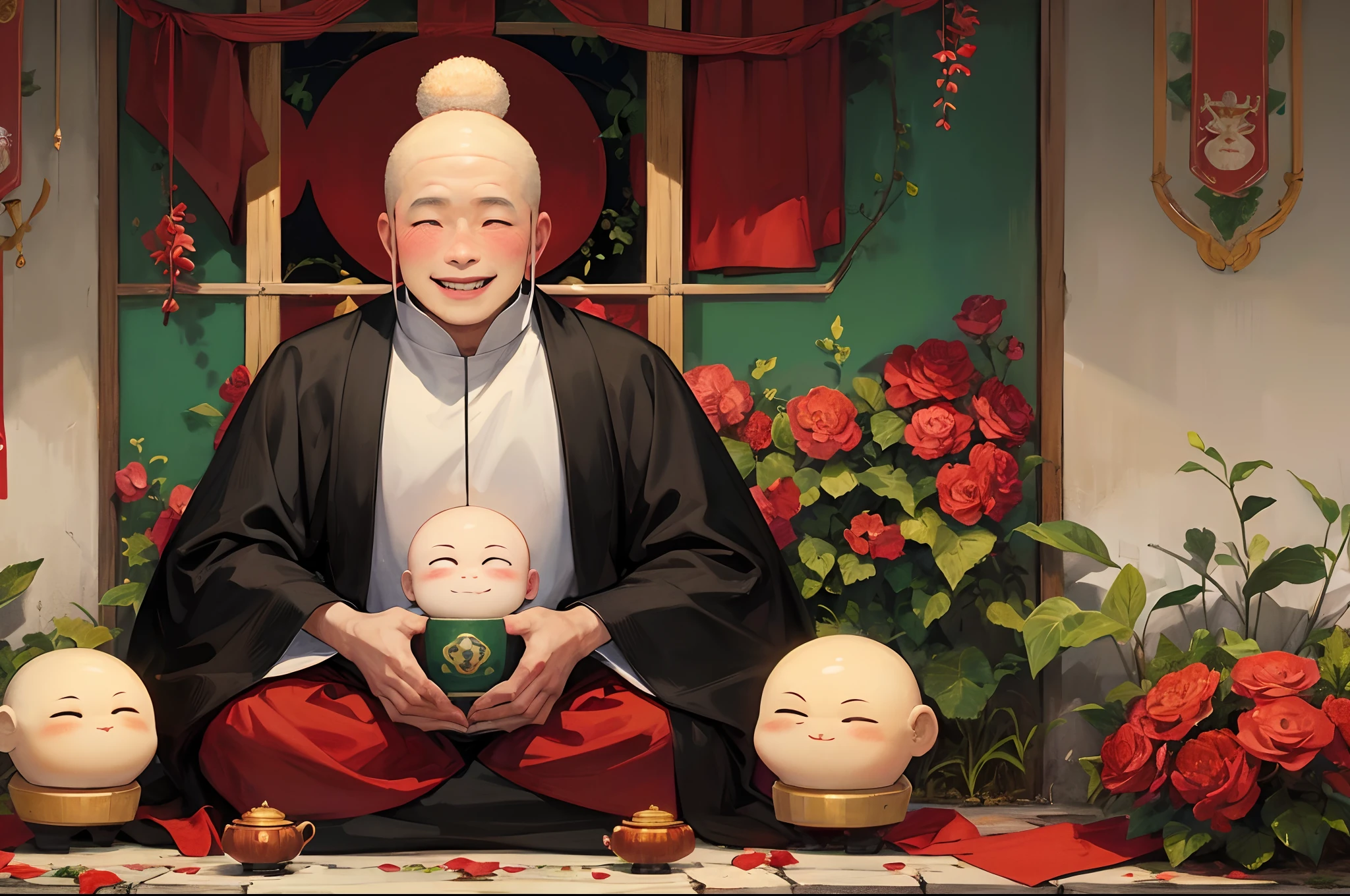 A big Buddha smiled viciously and faced a little monk in red