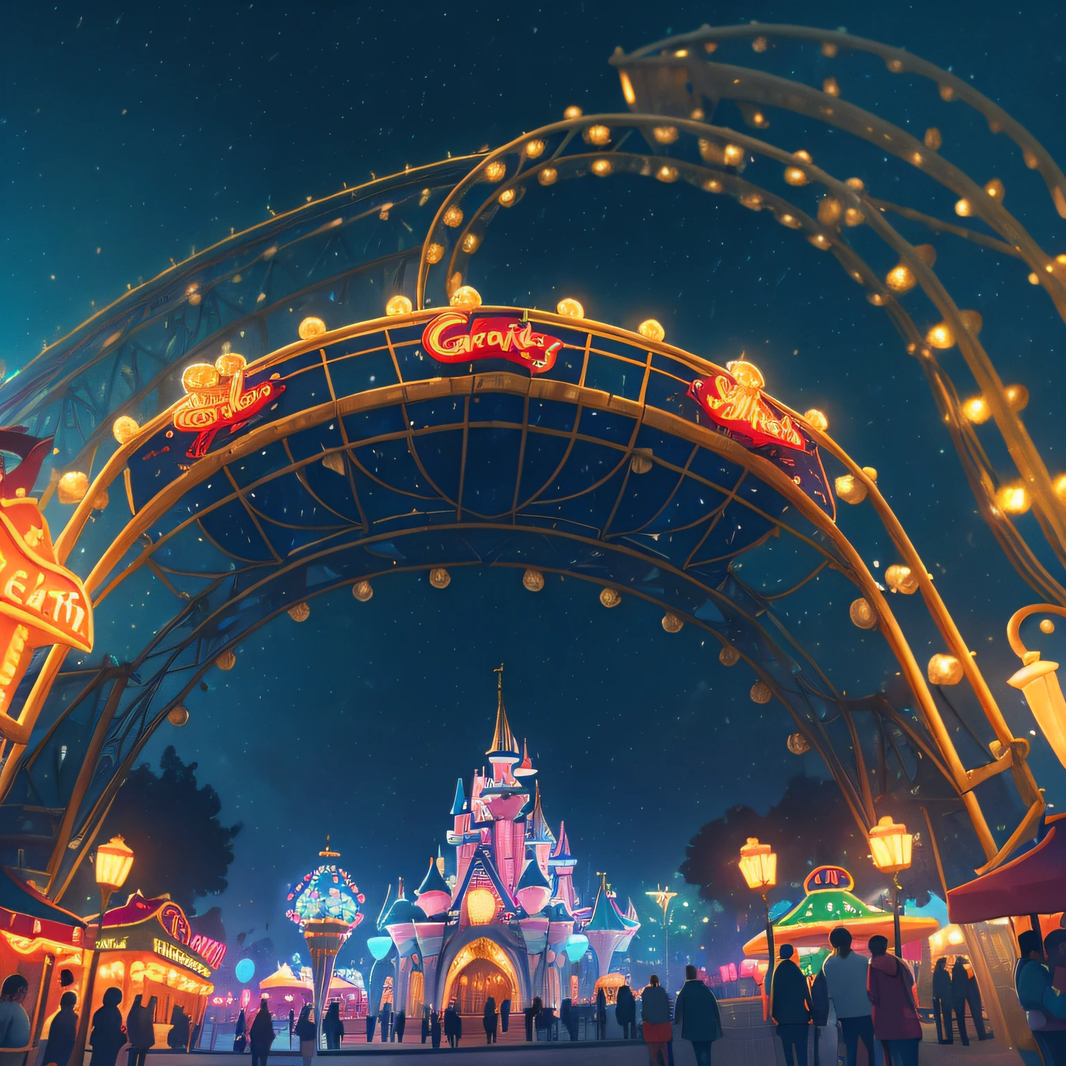 (best quality, high quality:1.3), CG, dramatic lighting, highly detailed, Bokeh, amusement park, at night, lots of lights illuminating, friendly ghosts floating around, lots of colors decorating