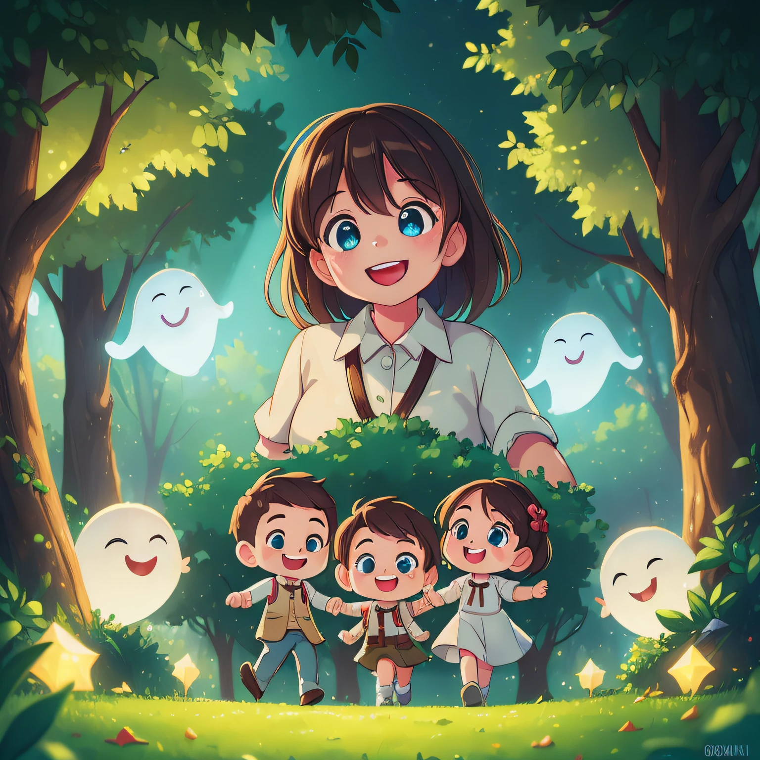 (best quality, high quality:1.3), CG, dramatic lighting, highly detailed, Bokeh, smiling ghosts floating in the park. perfect faces, perfect eyes, perfect smiling, kids walking around