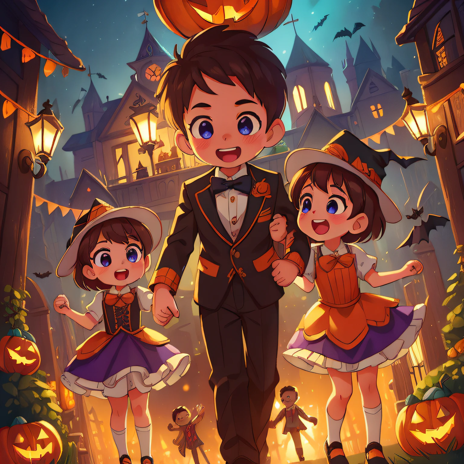 (best quality, high quality:1.3), CG, dramatic lighting, highly detailed, Bokeh, a group of 2  boys and 2 smalls, wearing halloween costumes, perfect faces, perfect eyes, excited in the amusement park, walking in the halls of the mysterious mansion, decorated with cobwebs