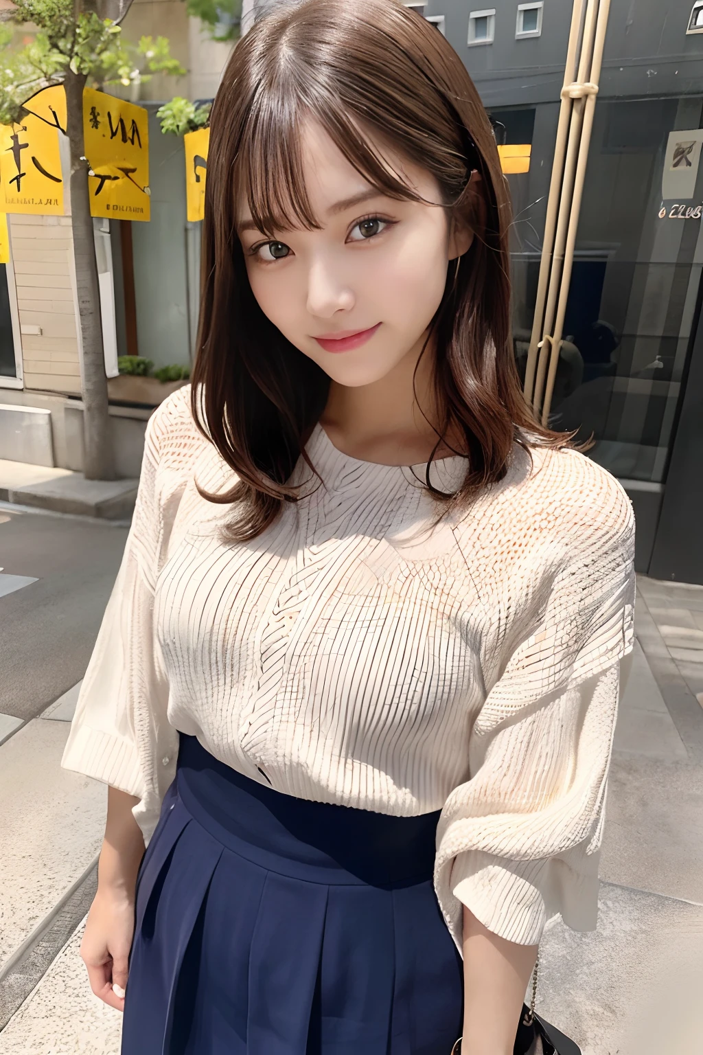 (Best Quality), masutepiece, (photographrealistic:1.4641), The 8k quality, 1 beautiful woman, (Full body:1.21), dark brown hair, Short hair, front, Detailed face, Beautiful eyes, Looking at Viewer, Laugh, light-colored blouse、Skirts in light colors、Aquarium Date、walk, 22year old、full body Esbian、Angle of pull、