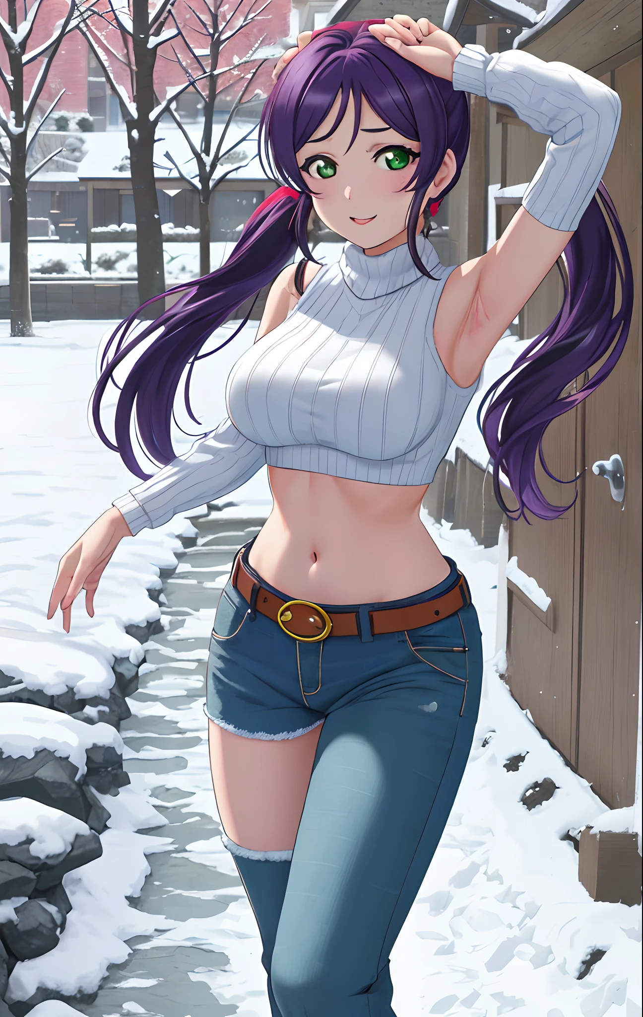 Toujo nozomi, green eyes, low twintails, sweater, sleeveless,midriff,(sexy navel),red moist navel,denim pants,belt, hips, llchar,big breasts, outdoors, walking, breasts bouncing,snow, playful, arm up