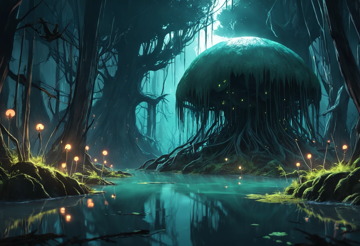 A creepy swamp, sci-fi horror, dramatic lighting, 4k, arte conceitual, altamente detalhado, Volumetric lighting, global ilumination, octan render, Estilo-SwampMagic, Eldritch, cosmico, energia escura