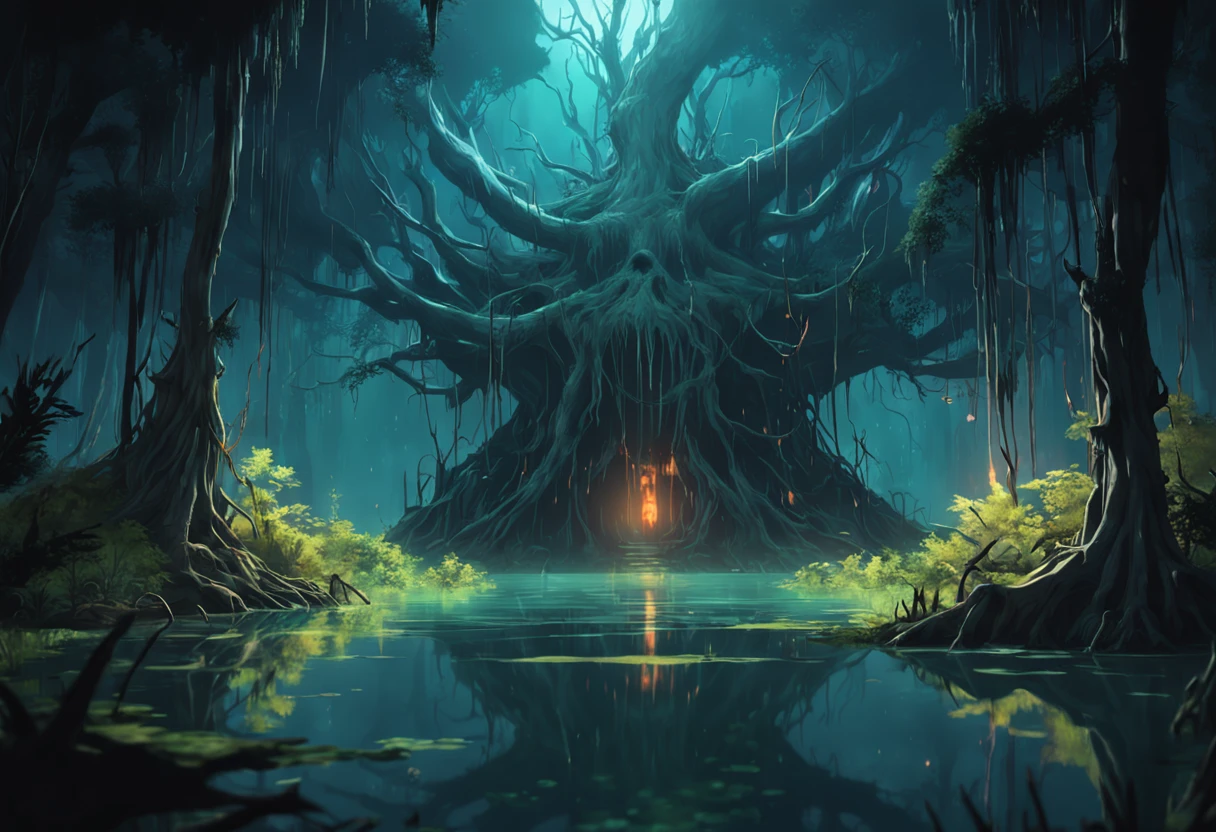 A creepy swamp, sci-fi horror, dramatic lighting, 4k, arte conceitual, altamente detalhado, Volumetric lighting, global ilumination, octan render, Estilo-SwampMagic, Eldritch, cosmico, energia escura