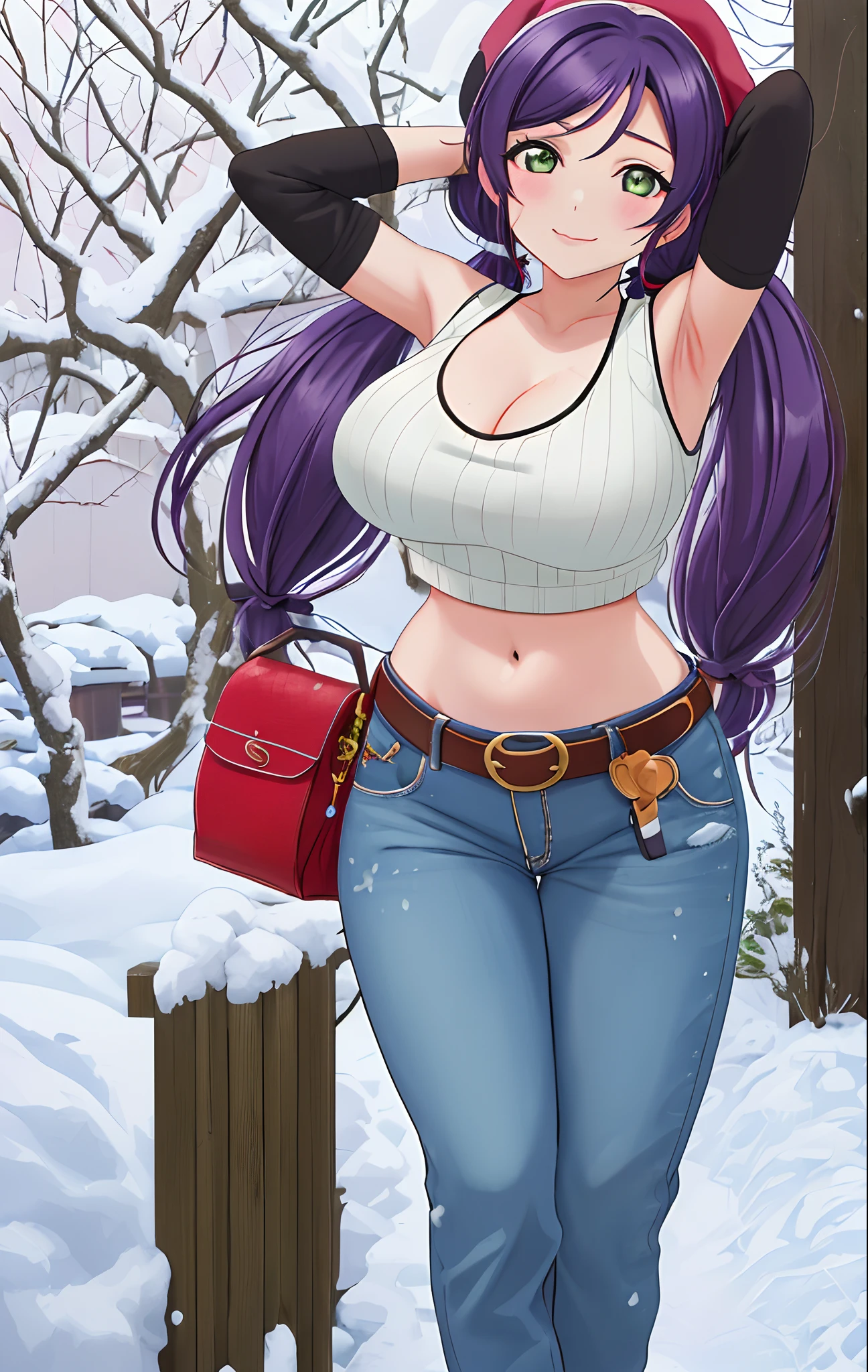 Toujo nozomi, green eyes, low twintails, sweater, sleeveless,midriff,(sexy navel),red moist navel,denim pants,belt, hips, llchar,big breasts, outdoors, walking, breasts bouncing,snow, playful, arm up