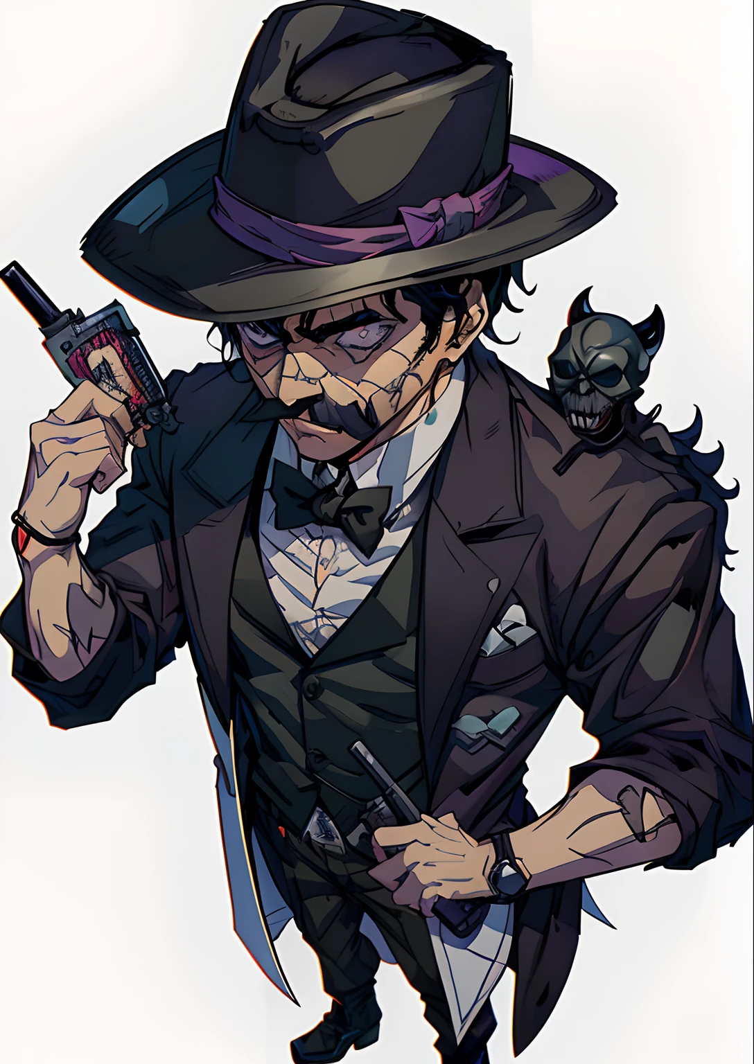 cartoon drawing of a man in a hat holding a gun, dapper dream demon, Gatilho Estilo de Arte de Anime, Kentaro Miura estilo de arte, shigenori soejima illustration, Jessé McCree, Detetive Noir e um Fedora, JC Leyendecker e Sachin Teng, Jotaro Kujo, kentaro miura manga art style, arte oficial do personagem, arte detalhada do personagem de anime