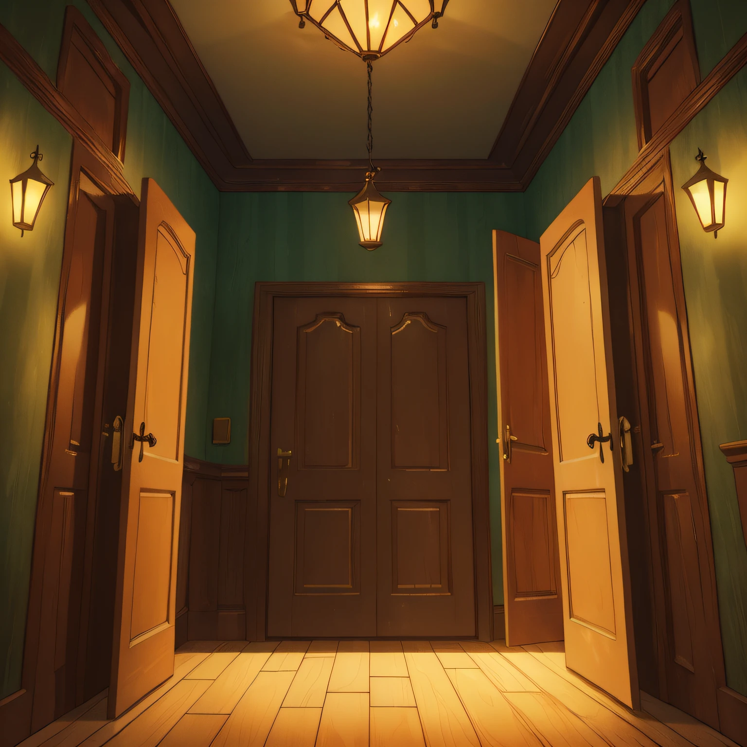 (Best Quality, High Quality:1.3), CG, Dramatic Lighting, Highly Detailed, Bokeh, Haunted House Hallway, with Multiple Doors
