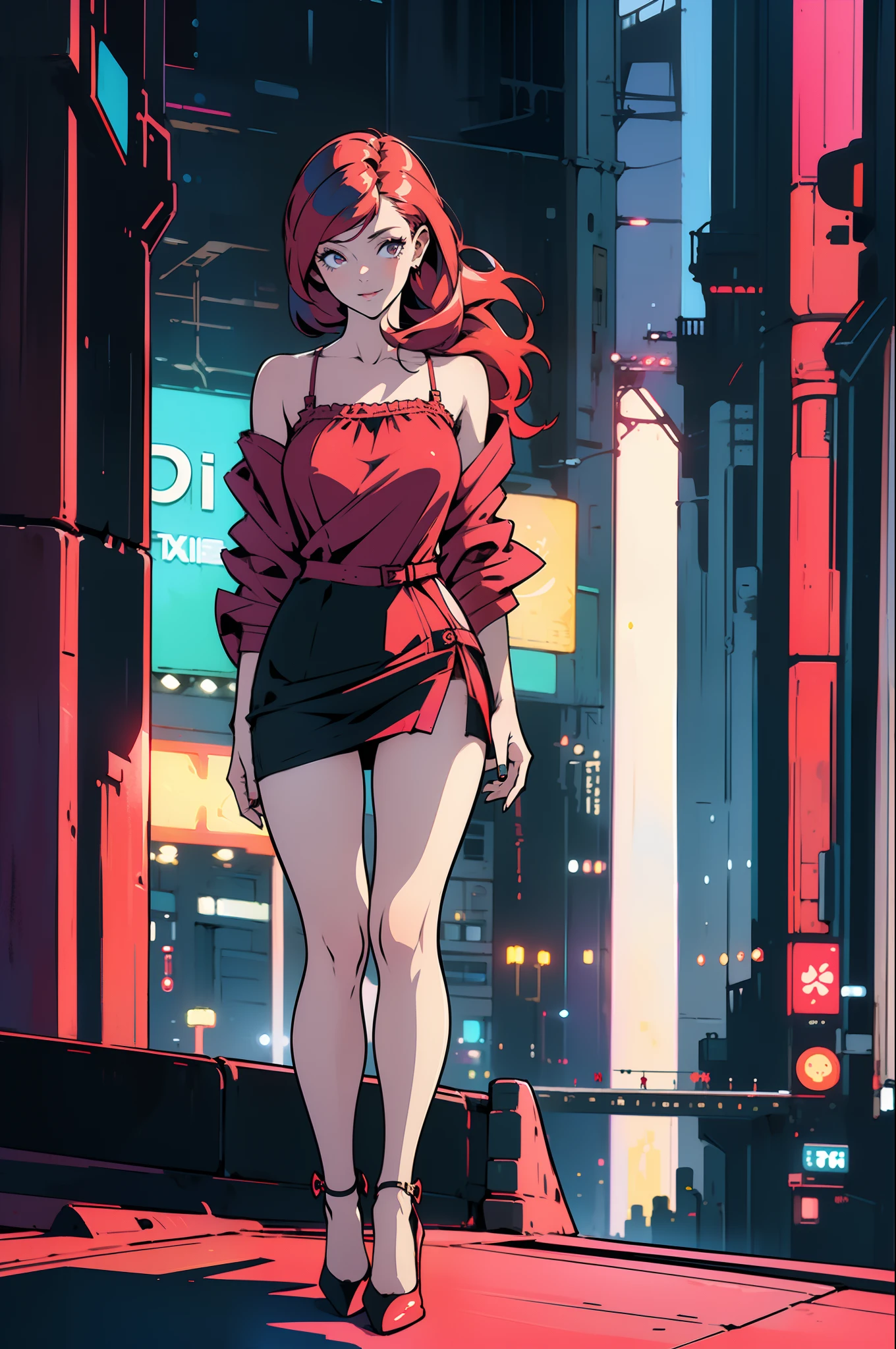 ((Best Quality)), ((Masterpiece)), ((Realistic)) 19 year old, redhead girl, shoulder length hair, relaxed happy face ((slender)) (busty) ((long legs)) ((high heels)) ((( nightie dress ))) ((( mini skirt ))) ((sexy )) cyberpunk attire, textured pixie haircut , full shot. beautiful face,