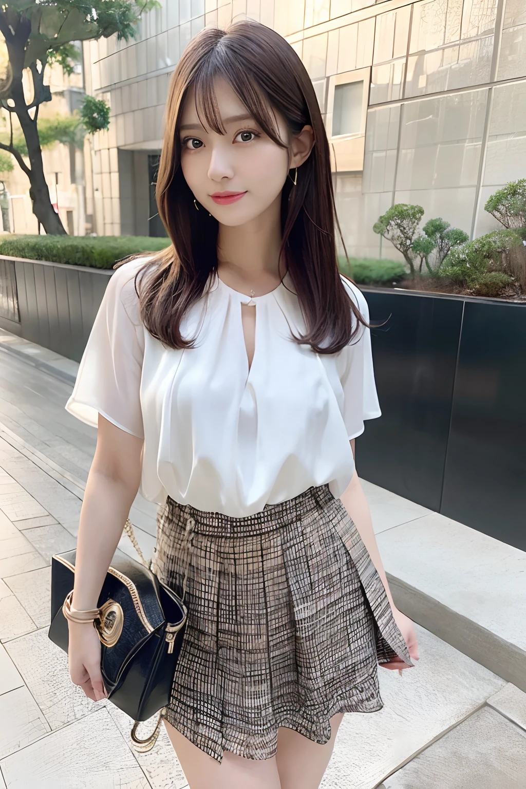 (Best Quality), masutepiece, (photographrealistic:1.4641), The 8k quality, 1 beautiful woman, (Full body:1.21), dark brown hair, Short hair, front, Detailed face, Beautiful eyes, Looking at Viewer, Laugh, light-colored blouse、Skirts in light colors、Aquarium Date、walk, 22year old、full body Esbian、Angle of pull、