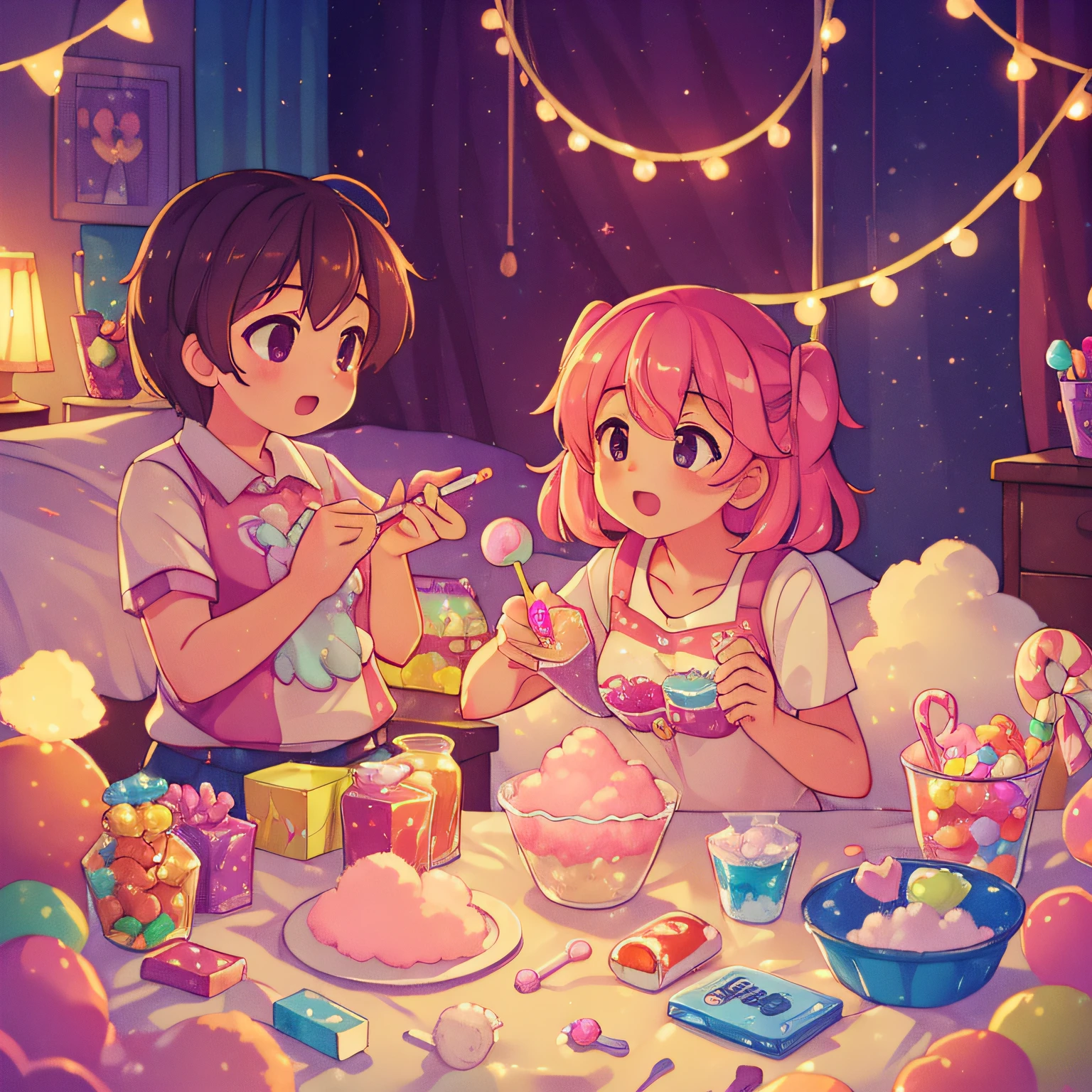 (best quality, high quality:1.3), CG, dramatic lighting, highly detailed, Bokeh, a bedroom full of candy and floating cotton candy