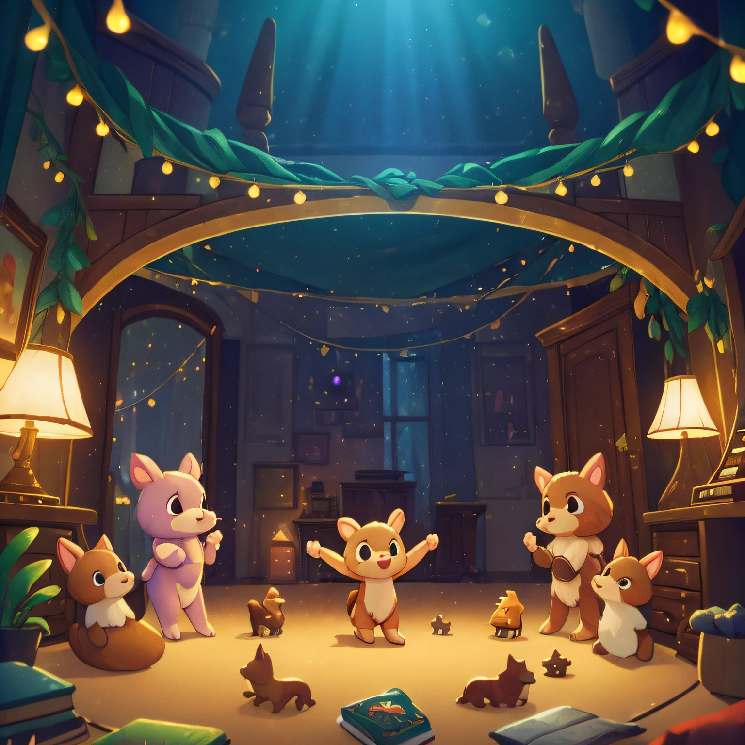 (best quality, high quality:1.3), CG, dramatic lighting, highly detailed, Bokeh, a room full of small, magical friendly creatures, dancing