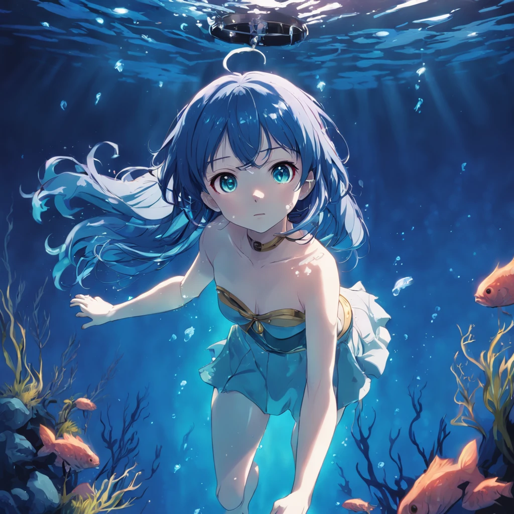 "Gentle Knight, Girl in the water, Blue hair, Vivid eyes, dream, underwater background, animesque. Bright colors"