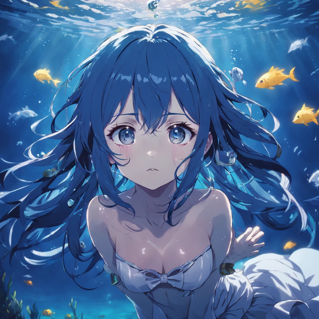 Gentle Night, girl underwater, blue hair, vivid eyes, reverie, Underwater background, the anime.