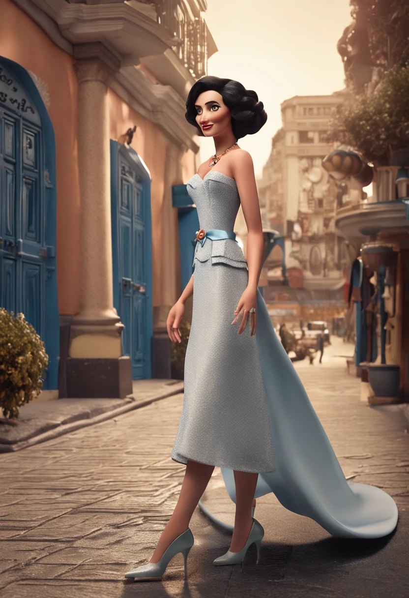 Full length image of a tal white hungarian woman from the 1950s, with a chanel black hair, dark brown eyes, blush, wearing a blue strapless dress and high heels. She's standing with the right hand on the waist and waving the left hand, 3d render, Disney Pixar style, ::n_bad anatomy, mutation, mutilation, deformity, poorly drawn, extra arms, extra legs, missing arms, missing legs, mutated hands, mutated feet, fused fingers, extra fingers, long neck, disfigured features, gross proportions, asymmetrical, blurry, ugly, extra eye, missing eye, deformed skull, malformed limbs, mutated mouth, missing teeth, extra teeth, malformed teeth, gross, disgusting, deformed spine, distorted bones, missing bones, out of frame, low resolution, low quality, normal quality, jpeg artifacts, signature, watermark, username, text, error, missing components, extra components, cropped, worst quality, low-res, bad proportions