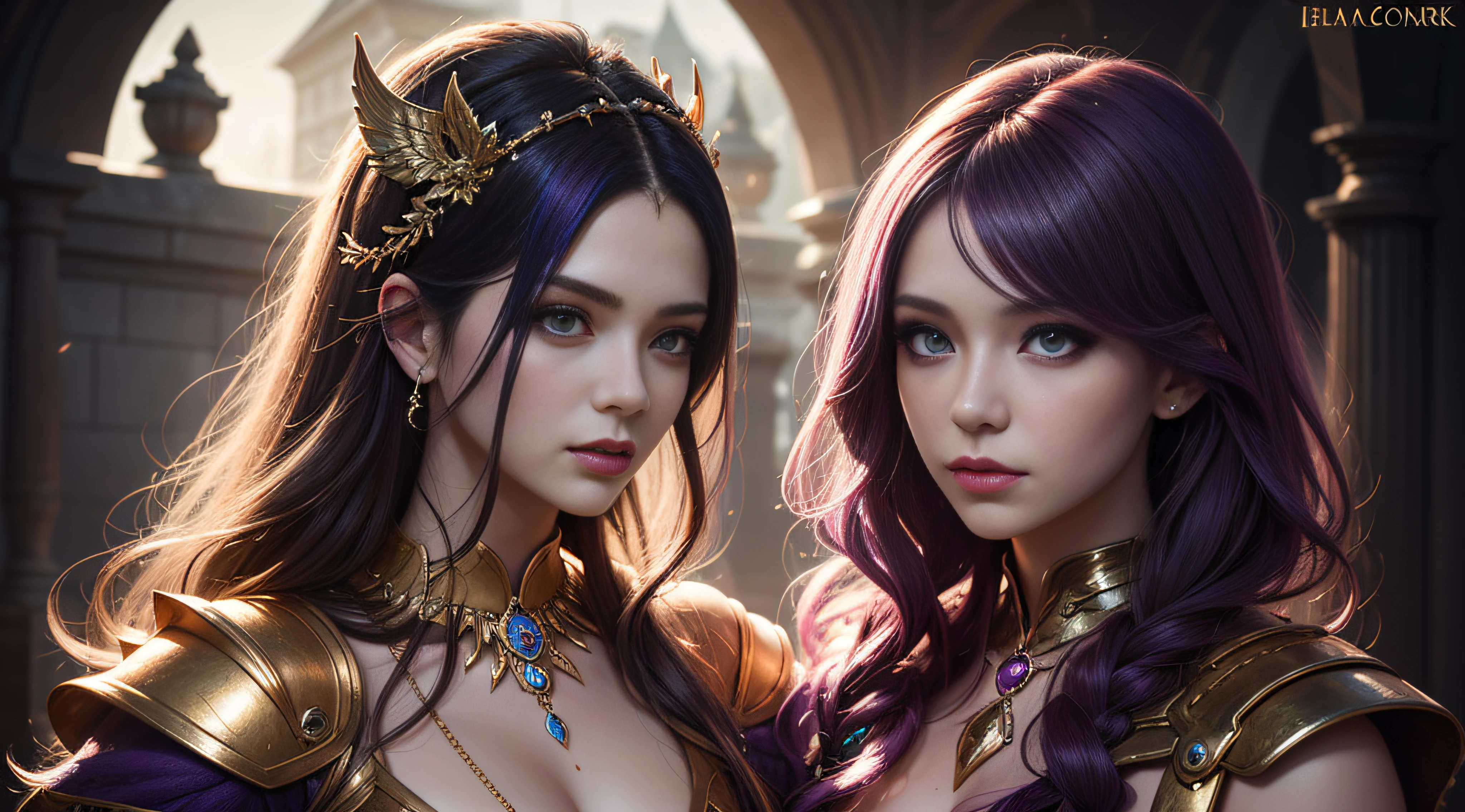 multicolored hair, blonde hair, purple hair, gradient hair, crown, forehead protector, forehead protector, mouth veil, mouth veil, dragon horns, hair beads, gradient eyes, glowing eyes, yellow eyes, heterochromia, purple eyes, crystal earrings, sad, frown, Verism, sparkle, textured skin, high details --auto