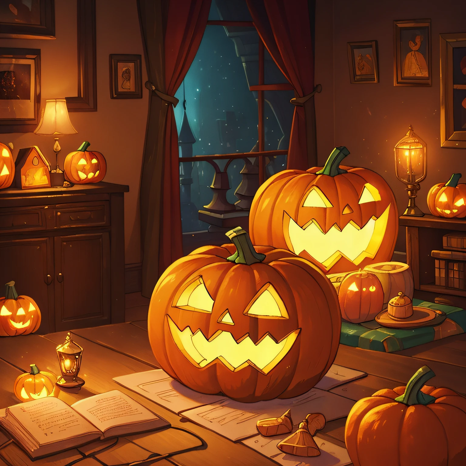 (best quality, high quality:1.3), CG, dramatic lighting, highly detailed, Bokeh, a room full of glowing riddles and puzzles, and a lonely magical talking pumpkin