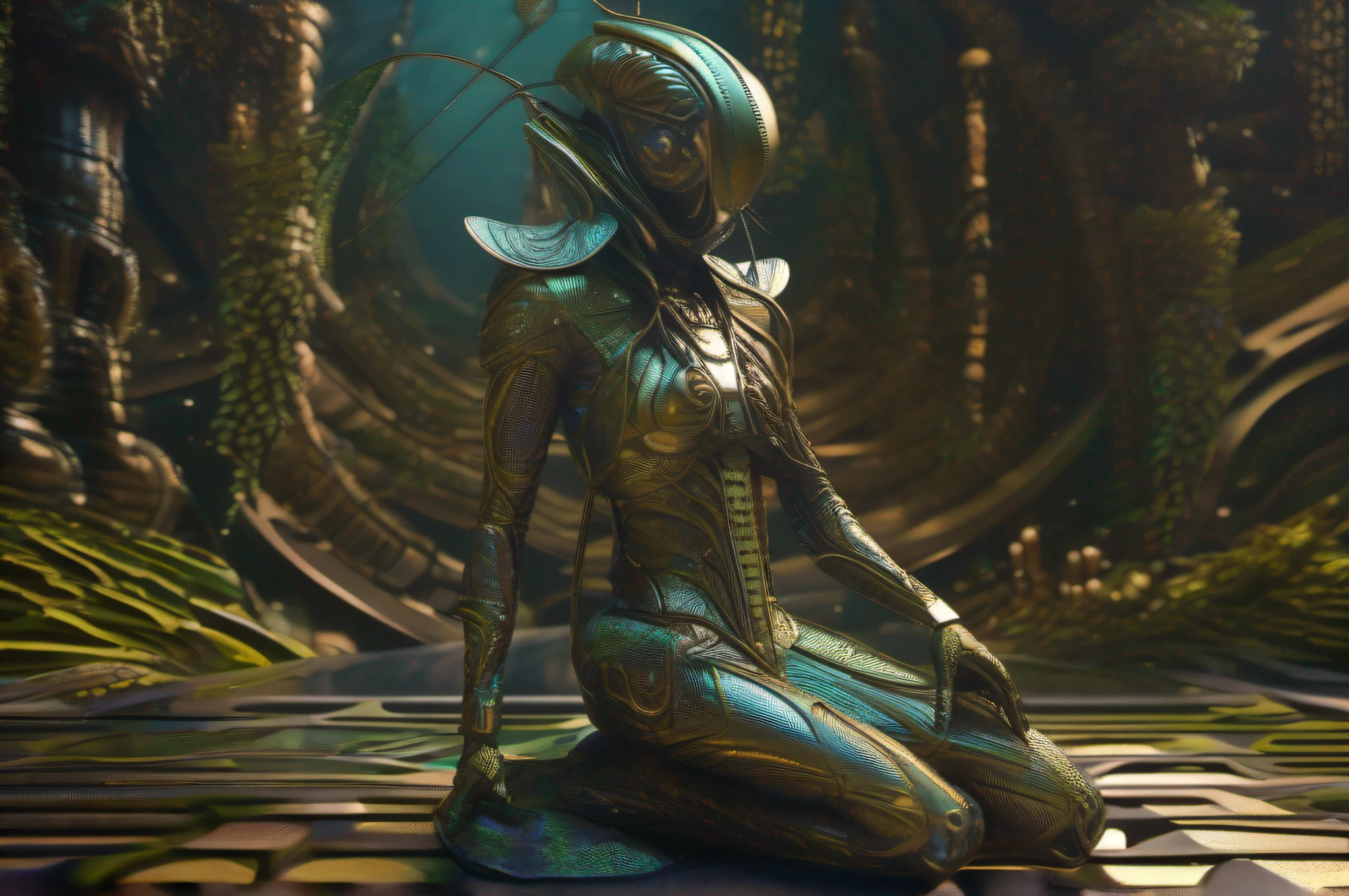 Mantis goddess wearing a biomorphic organic mantis biosuit made of stylized biopunk organic mantis structures in a biomechanical xenomorphic temple, mise en scene in the style of dark surrealism by Agostino Arrivabene, feminine and dynamic body pose, futuristic biopunk organism, intricate mantis transhuman, mind-bending character design by Sazen Lee, insect-inspired camouflage, mind-bending creature design by Ken Barthelmey, bugcore, made of insects, ultrafine detail, detailed textures, cinematic masterpiece, master shot, split complementary color scheme, Cinema 4D, rule of thirds, professional color grading, chiaroscuro, tenebrism, complementary color scheme.