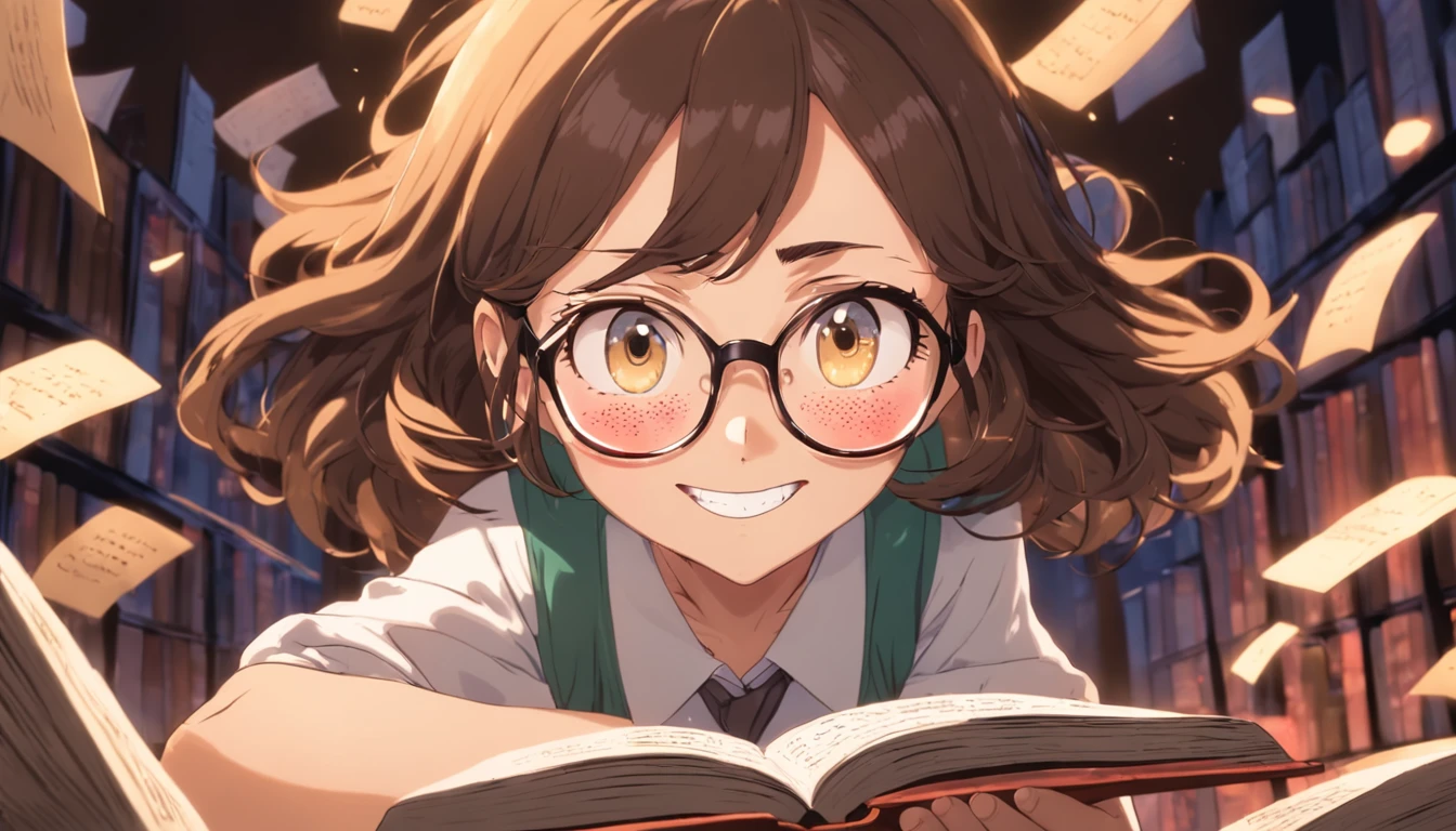 mulher bonita sorrindo, segurando livros, bespectacled, cartoon, estilo professora, feliz.