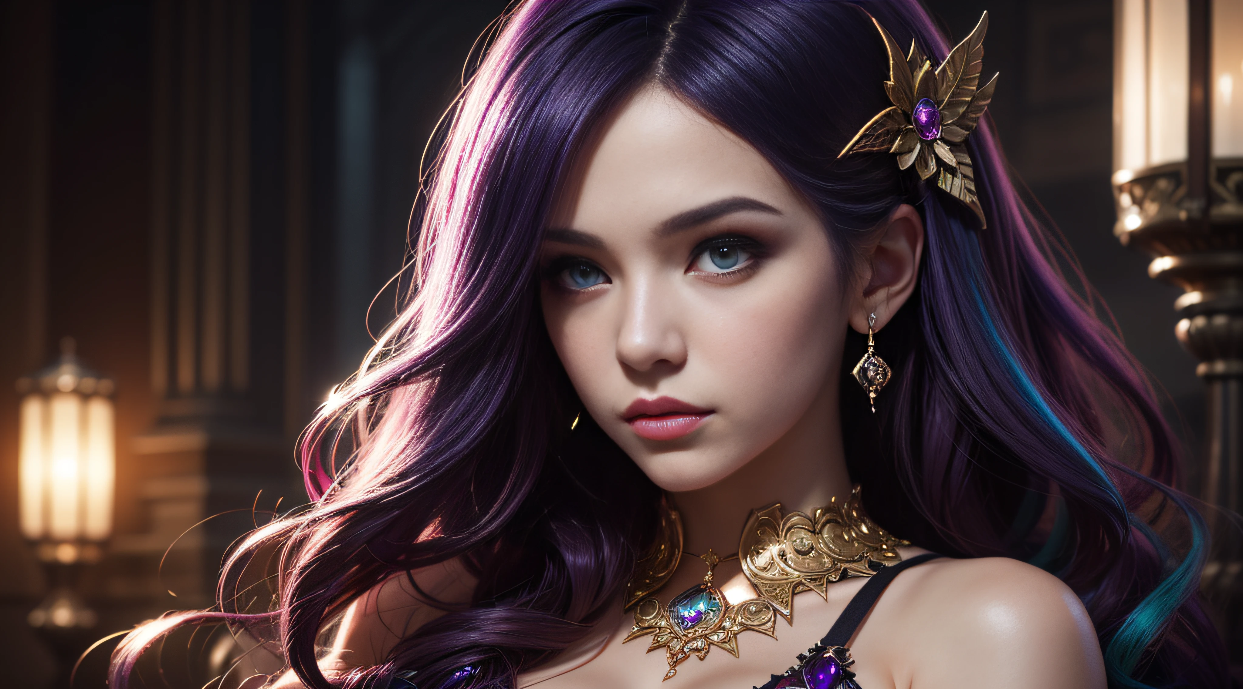 princess majestic woman with purple hair and black dress