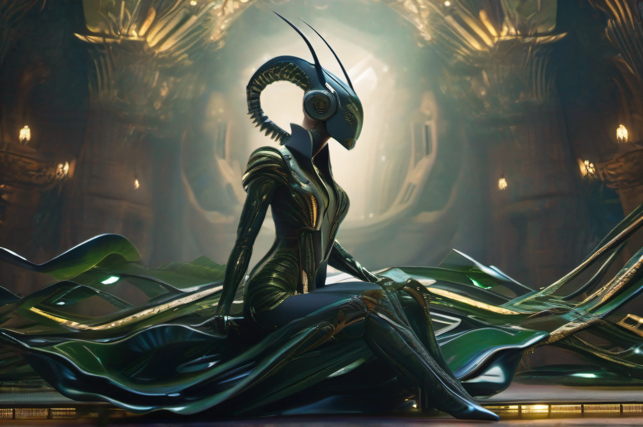 Mantis goddess wearing a biomorphic organic mantis biosuit made of stylized biopunk organic mantis structures in a biomechanical xenomorphic temple, mise en scene in the style of dark surrealism by Agostino Arrivabene, feminine and dynamic body pose, futuristic biopunk organism, intricate mantis transhuman, mind-bending character design by Sazen Lee, insect-inspired camouflage, mind-bending creature design by Ken Barthelmey, bugcore, made of insects, ultrafine detail, detailed textures, cinematic masterpiece, master shot, split complementary color scheme, Cinema 4D, rule of thirds, professional color grading, cinematic lighting, split complementary color scheme.