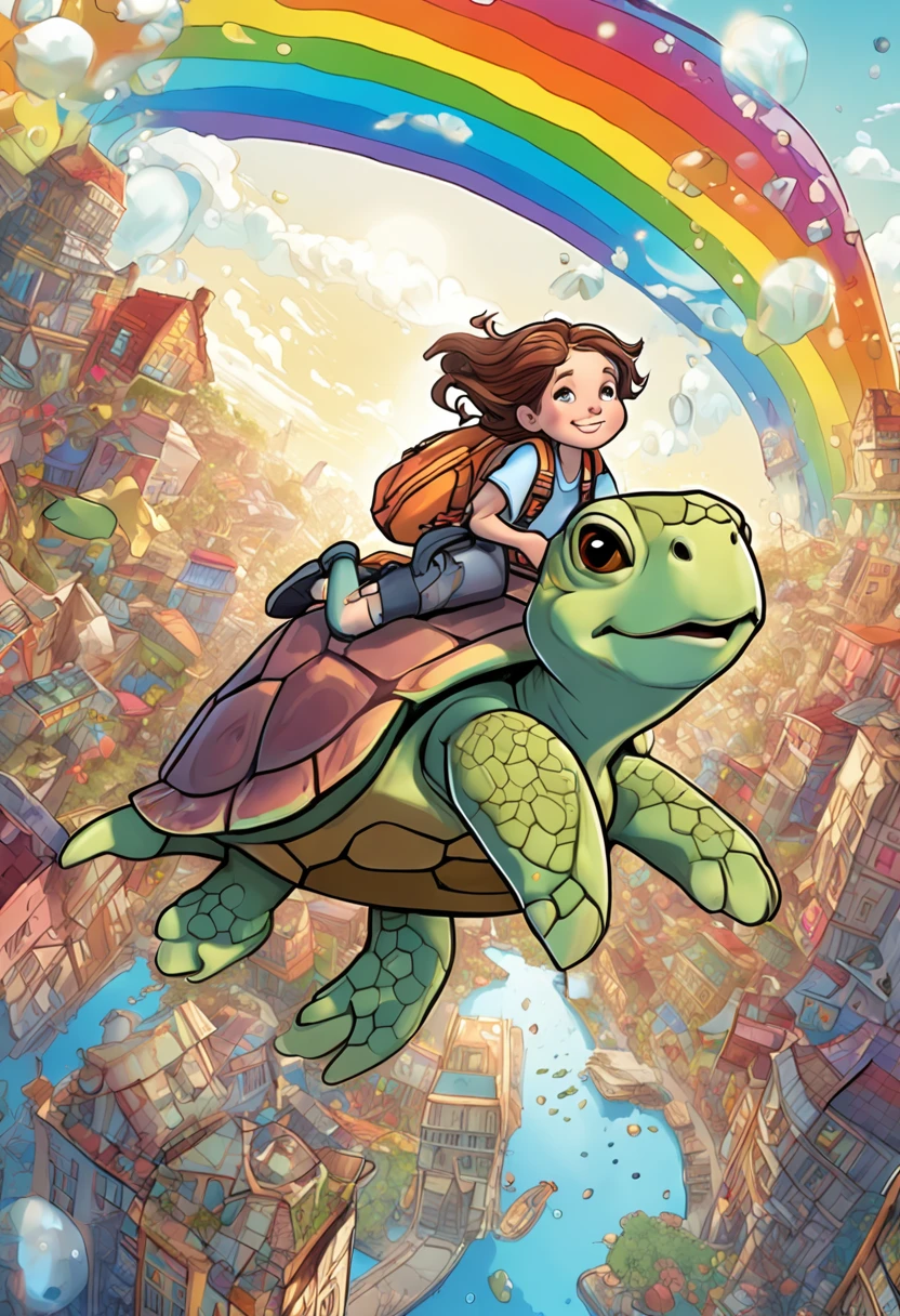 (Masterpiece, Top Quality, Best Quality, Ultimate Detail, Highest Detail, Official Art, Beauty & Aesthetics: 1.2), Golden Ratio, Full Composition, official art, Unity 8k wallpaper, super detailed, beautiful, (fractal art: 1.4), the school girl is riding on the rainbow turtle, flying over the town, full body, crystallineAI, from below, splash,crystal