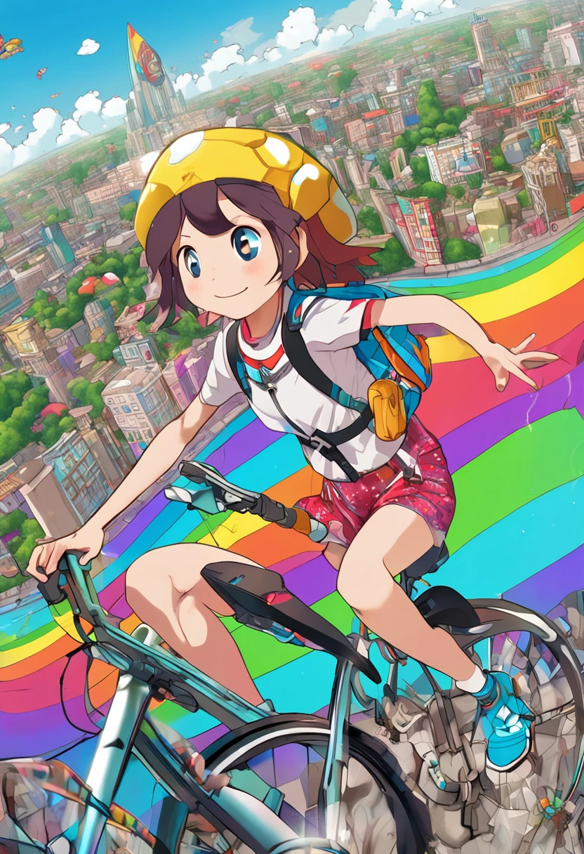 (Masterpiece, Top Quality, Best Quality, Ultimate Detail, Highest Detail, Official Art, Beauty & Aesthetics: 1.2), Golden Ratio, Full Composition, official art, Unity 8k wallpaper, super detailed, beautiful, (fractal art: 1.4), the school girl is riding on the rainbow turtle, flying over the town, full body, crystallineAI, from below, splash,crystal