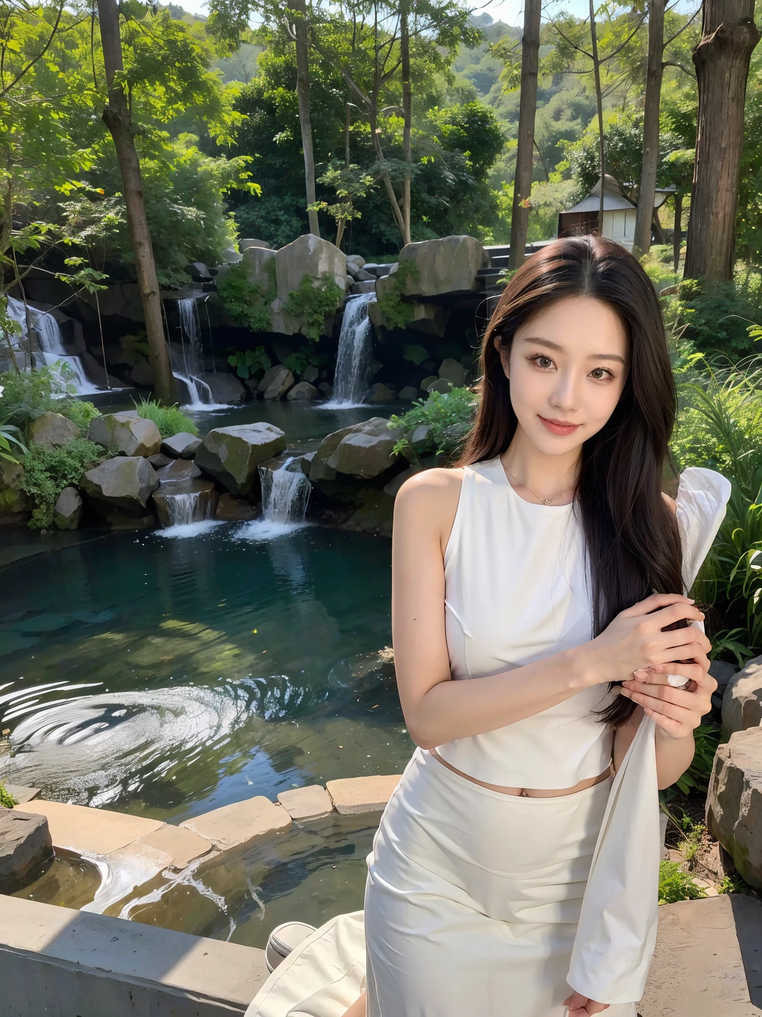 masterpiece, best quality，8k, ultra highres，Reallightandshadow，Cinema lenses，(beautidful eyes:1.1)， ((中景 the scene is，The upper part of the body)) ，in the forest, the gentle goddess sits on a big stone。Her long hair fell like a waterfall on her shoulders，A gentle breeze ruffled her hair。Smile and enjoy nature's bounty。