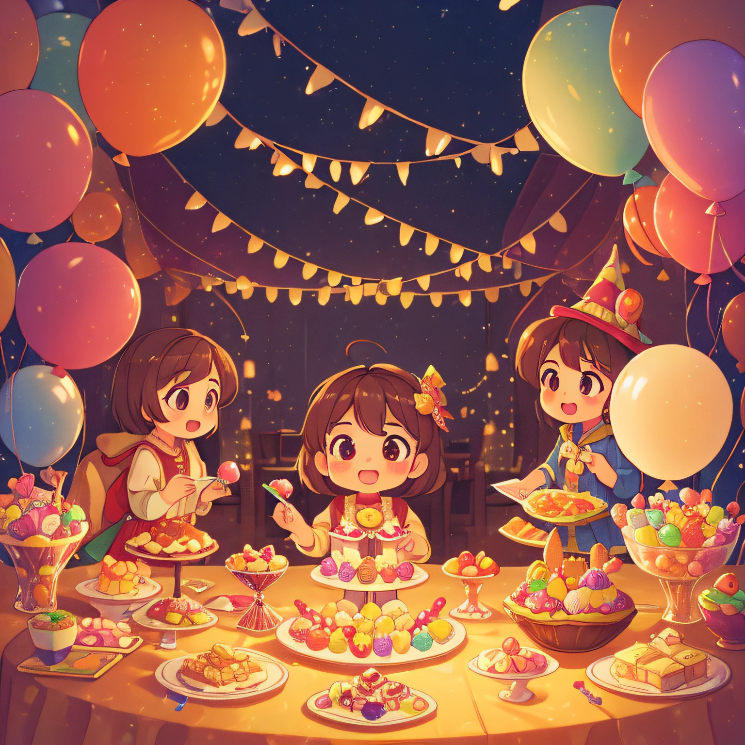 (best quality, high quality:1.3), CG, dramatic lighting, highly detailed, Bokeh, giant room, all decorated, tables full of treats, candies and candies and balloons