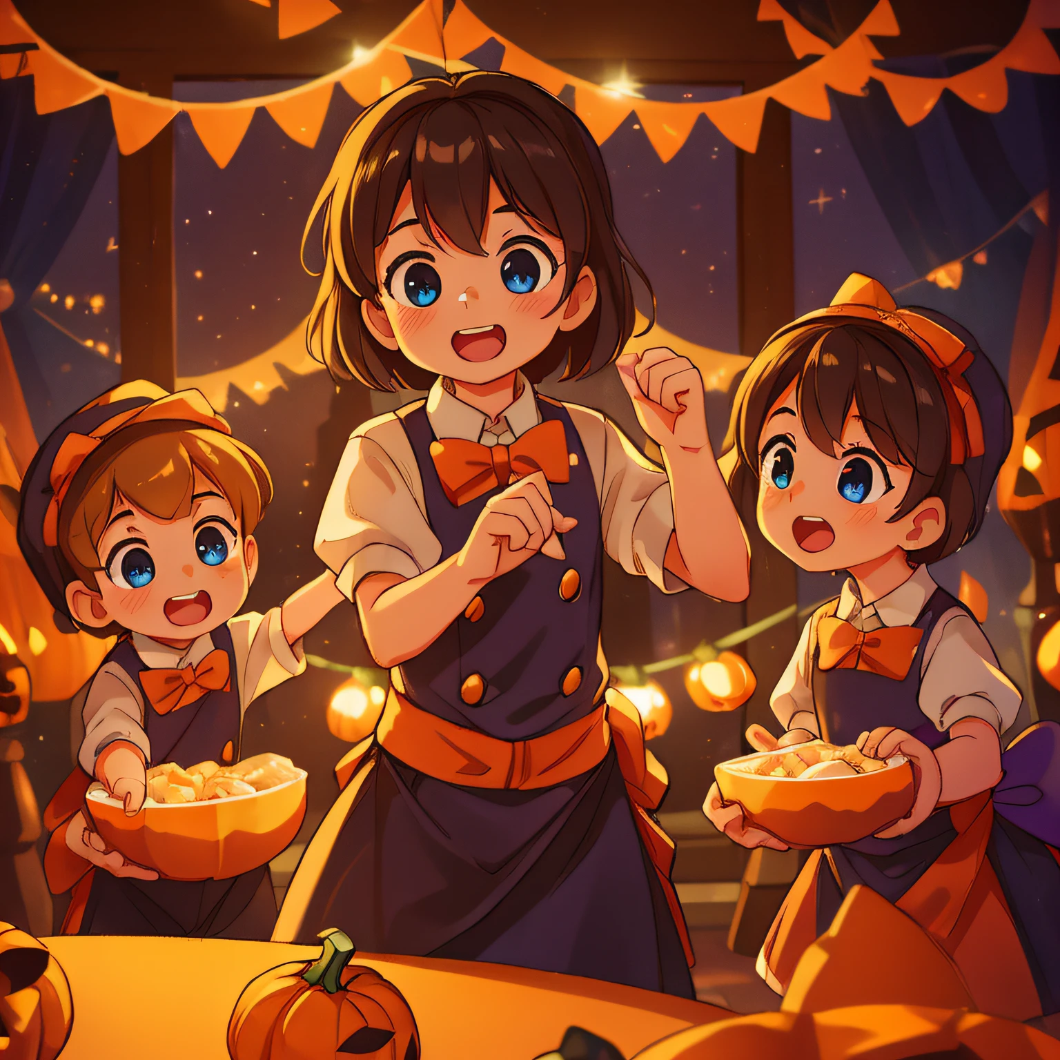 (best quality, high quality:1.3), CG, dramatic lighting, highly detailed, Bokeh, a group of 2 boys and two smalls, wearing halloween costumes, perfect faces, perfect eyes, dancing happily at the halloween party