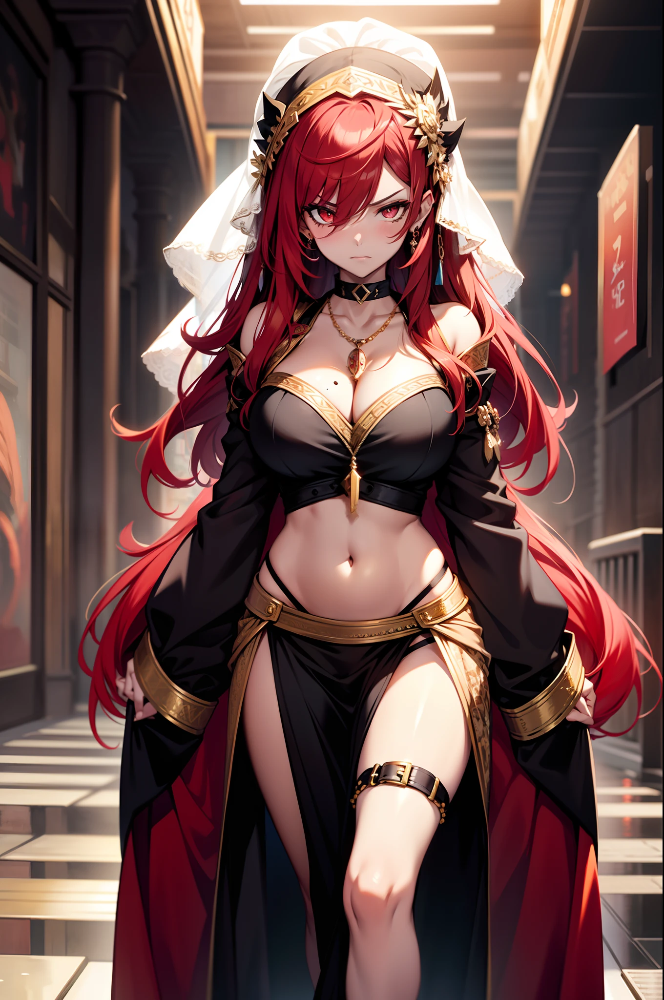 looking at viewer,embarrassed,blush,angry,，sandals,glint,halterneck,gold_choker, belly_chain,harem_outfit,navel, necklace, pelvic_curtain,revealing_clothes, veil，masterpiece,best quality,1girl,mature female,mature,long hair,red hair,red_hair,hime_cut,large breasts,necklace,pendant,v-shaped eyebrows,red eyes,,eyeshadow,mole under eye,