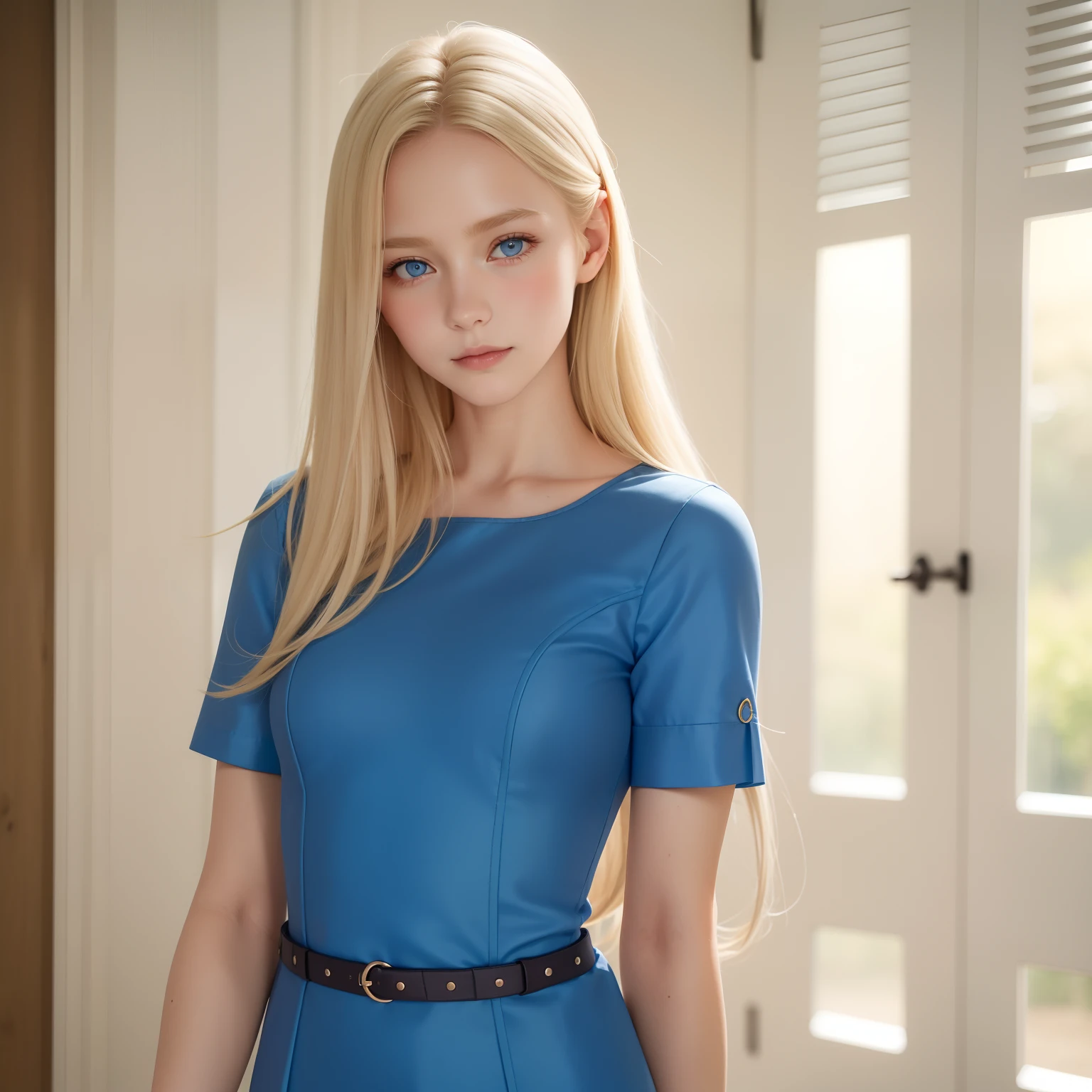 Nordic beauty、Beautiful blonde hair、clear pale blue eyes、FULL BODYSHOT、Beautuful Women、16 years old women、Neat and clean uniform、Dainty and classy cute girl、Girl in cute clothes in random colors、Full Body Angle、expressioness、smil、White skin、Random hairstyles、Silk dress