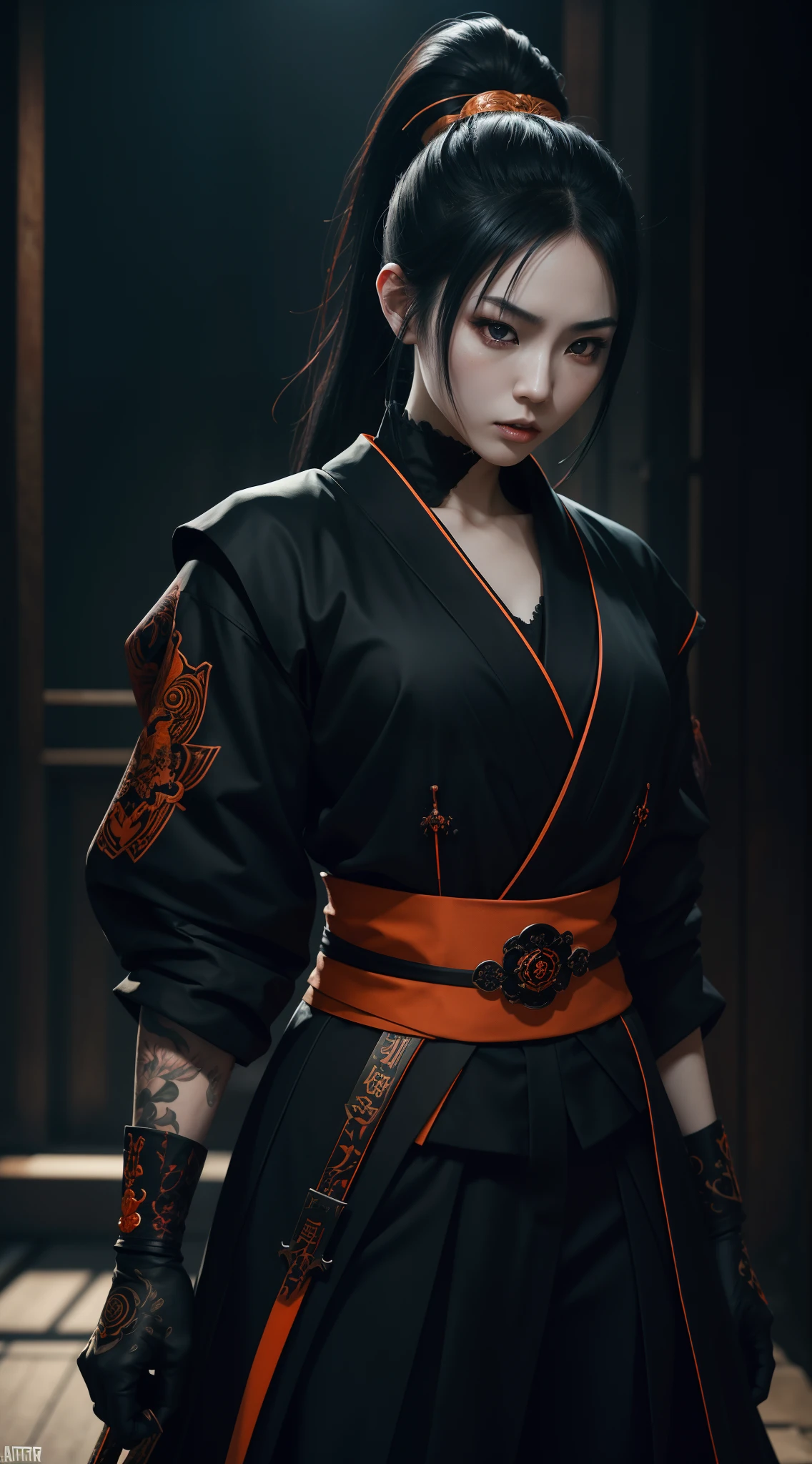 a beautiful 25 years old Japanese female vampire with ponytail black hair, pale skin, serious looking, wearing a black and orange assassin outfit, waist up shot, dynamic pose, ambient lighting, photo realism, intricate face detail, intricate hand details, highly detailed, vibrant colors, cinematic, high definition, trending on Artstation--style raw