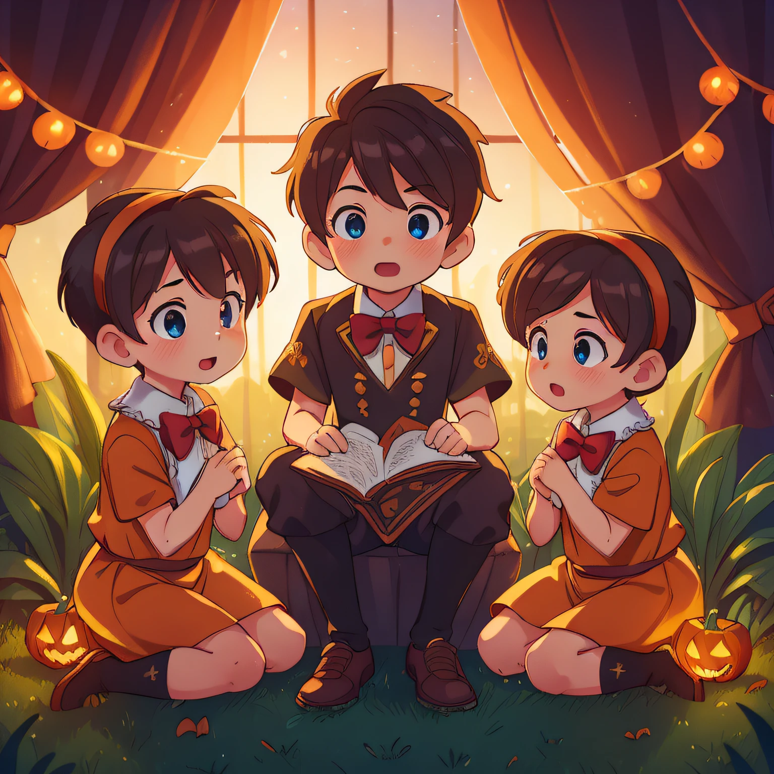 (best quality, high quality:1.3), CG, dramatic lighting, highly detailed, Bokeh, a group of 2 small boys and 2 small girls, wearing halloween costumes, perfect faces, perfect eyes, sitting, looking at the sunset