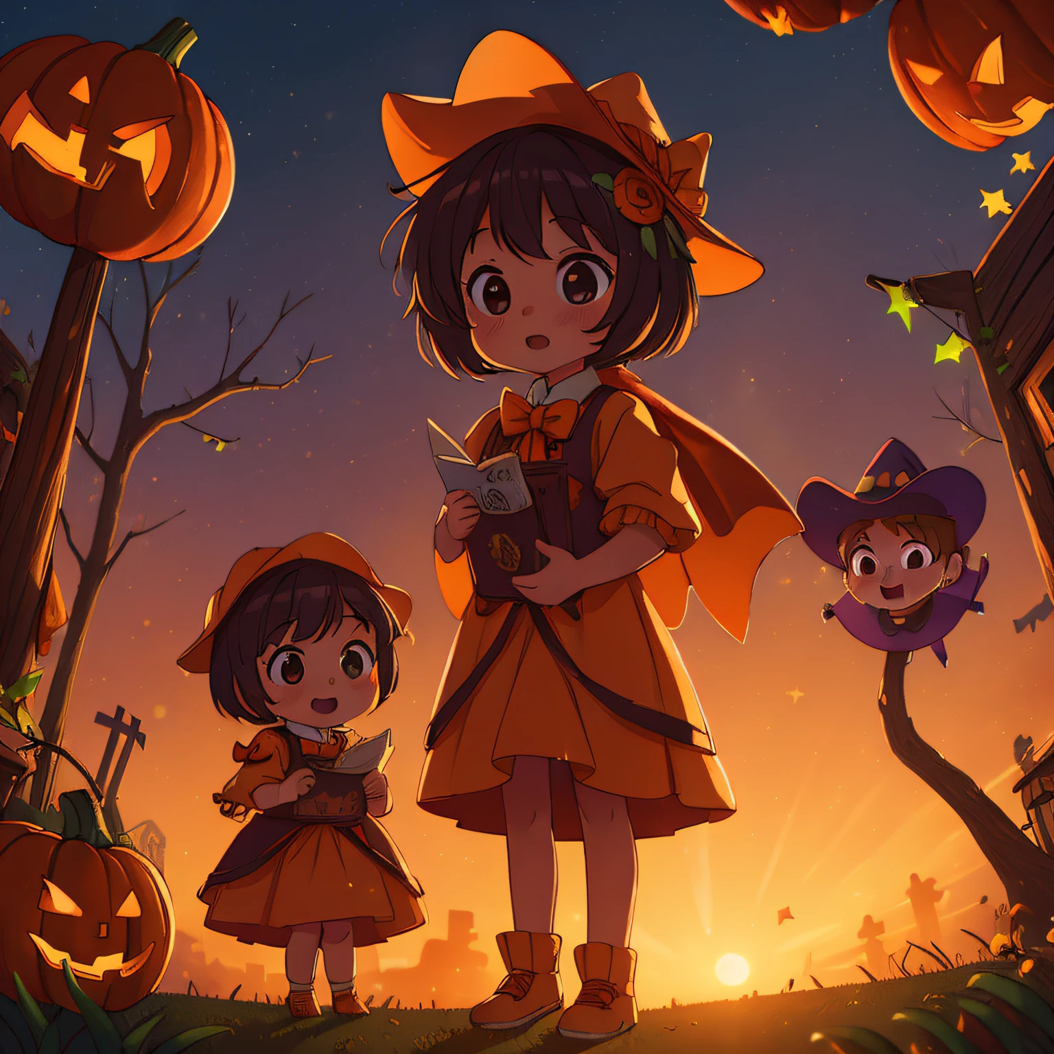 (best quality, high quality:1.3), CG, dramatic lighting, highly detailed, Bokeh, KIDS WEARING HALLOWEEN COSTUMES, at the BEAUTIFUL sunset