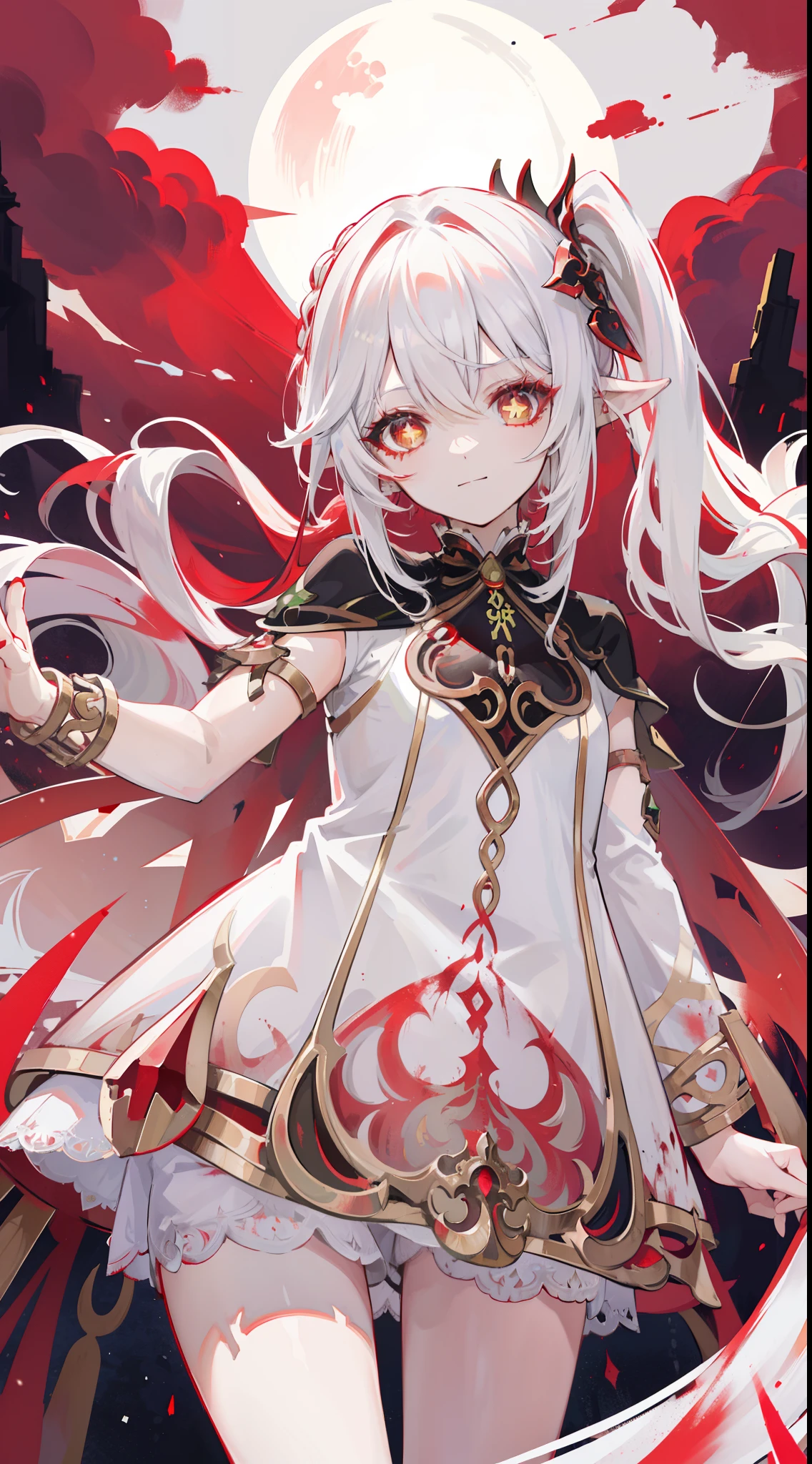 Nahida_Genshin,(White and red gradient hair),The cross in the pupil,default_dress,Blood red cloak,simplebackground,Blood Moon,Breath of death,Cold and powerful divinity,A sense of majesty,starrysky,demonic smile,Blue tones,Red decorative pattern,red style,Blood,bloodstains on clothes