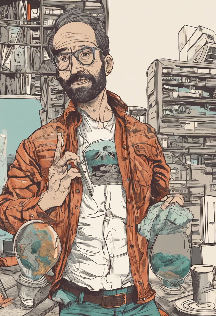 1jovem, corpo inteiro, sozinho, Man, SherMan, cabelos loiros castanhos, fino, cabelos amarrados altos, glasses, barba pequena, camisa branca, black long pants, professor, physics, planetas flutuantes, Planet in hand, Feliz, Feliz, qualidade perfeita, Clear focus (Desordem - Casa: 0.8), (master part: 1.2) (Realistic: 1.2) (Bokeh) (melhor qualidade) (pele detalhada: 1.3) (detalhes intrincados) (8k) (Detalhe Olhos) (foco nítido), (Feliz) ((master part, melhor qualidade)),(luz complexa),