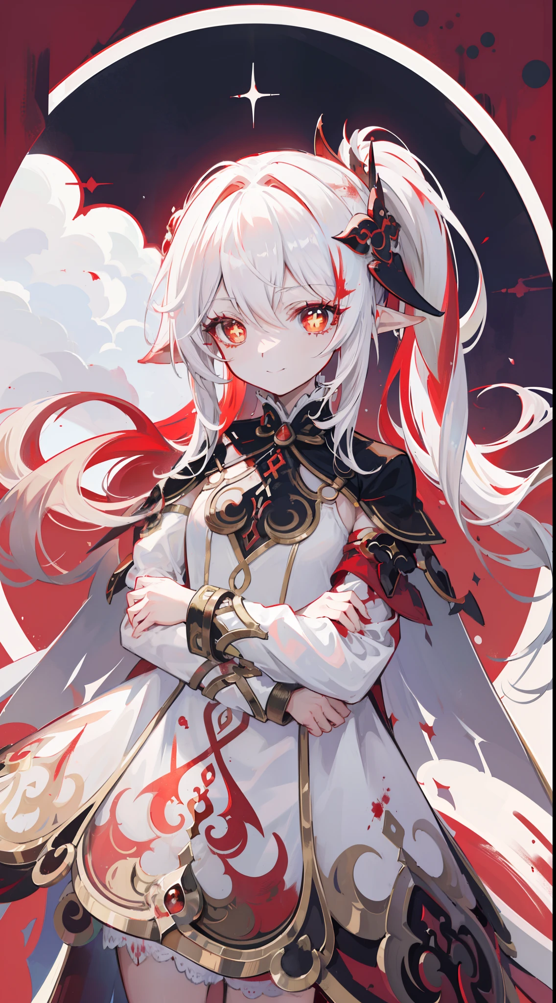 Nahida_Genshin,(White and red gradient hair),The cross in the pupil,default_dress,Blood red cloak,simplebackground，Blood Moon，Breath of death，Cold and powerful divinity，A sense of majesty,starrysky，demonic smile，Blue tones，Red decorative pattern，red style，Blood，bloodstains on clothes