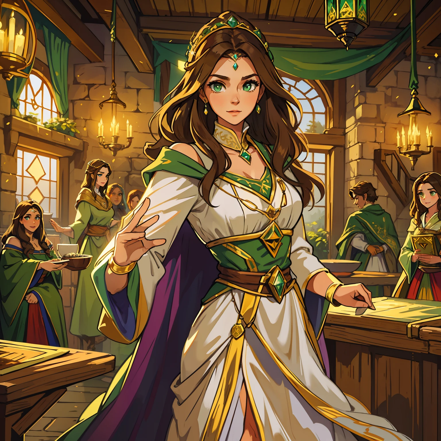 A beautiful woman with green eyes and brown hair she is a witch sorceress wearing white and gold robes Noble robes A princess of magic and a happy look, she's dancing ((corada)) Tavern hall background An art for an RPG A medieval art for RPG