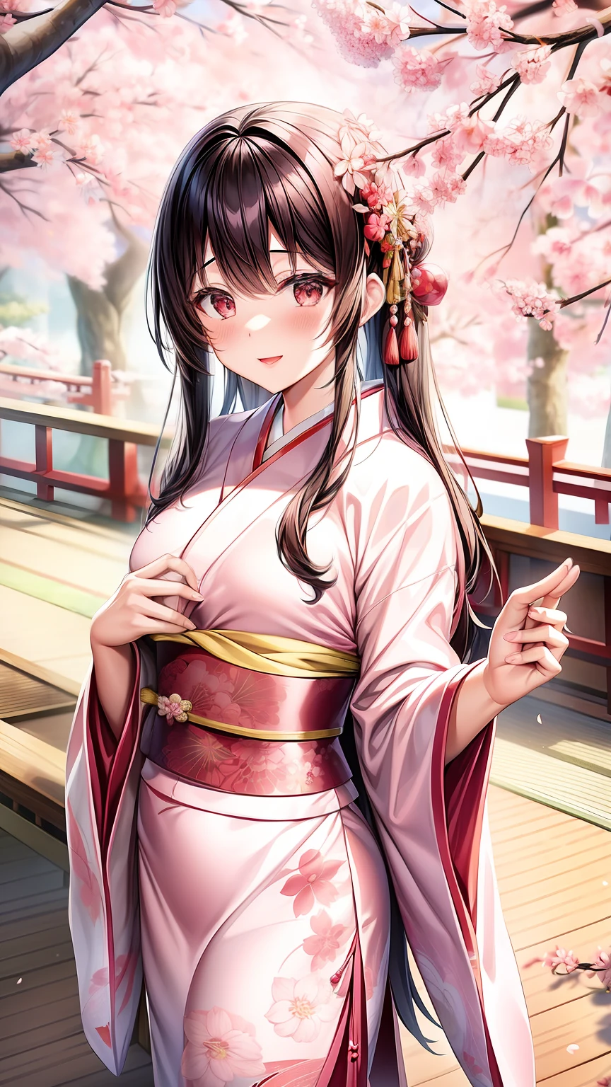 Asian woman in arafe wearing pink kimono against cherry tree background, flowing sakura silk, Hanfu, flowing sakura-colored silk, in a kimono, palatial palace ， a girl in hanfu, sakura season, komono, Middle Metaverse, japanese kimono, A Japanese style, Kimono, Japanese Models, sakimichan, sakura bloomimg