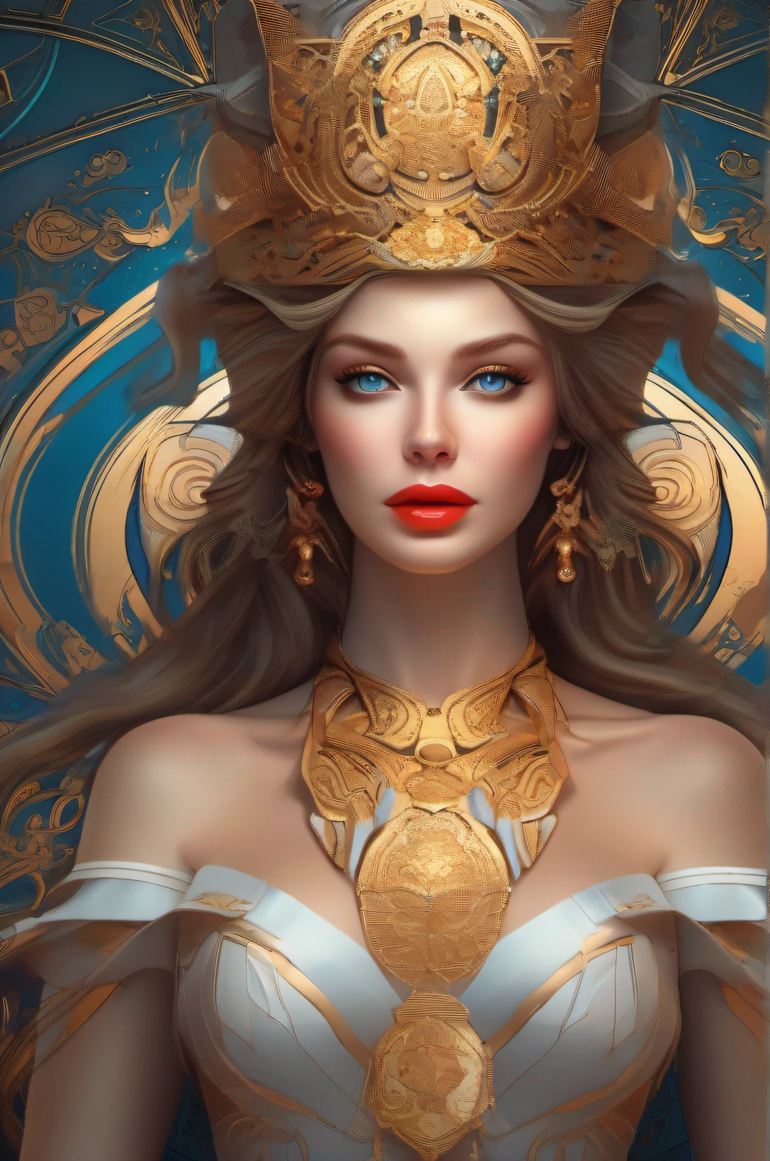 use golden ration to imagine most beautiful model, intricate, elegant, highly detailed, digital painting, artstation, concept art, smooth, sharp focus, illustration, art by artgerm and greg rutkowski and alphonse mucha, 8k wallpaper, ultra-detailed, loving face, glossy big lips, red lips, loving eyes, blue eyes, perfect lighting