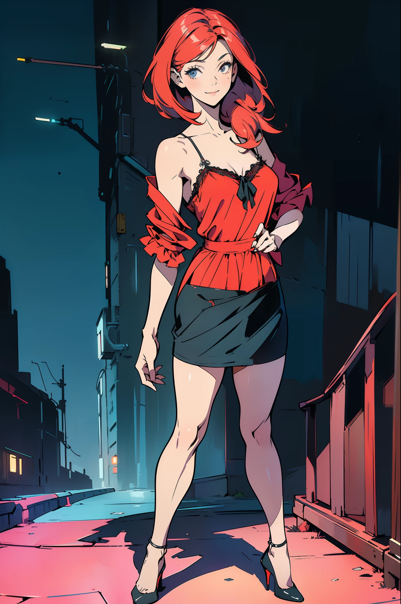 ((Best Quality)), ((Masterpiece)), ((Realistic)) 19 year old, redhead girl, shoulder length hair, relaxed happy face ((slender)) (busty) ((long legs)) ((high heels)) ((( nightie dress ))) ((( mini skirt ))) ((sexy )) cyberpunk attire, textured pixie haircut , full shot. beautiful face,