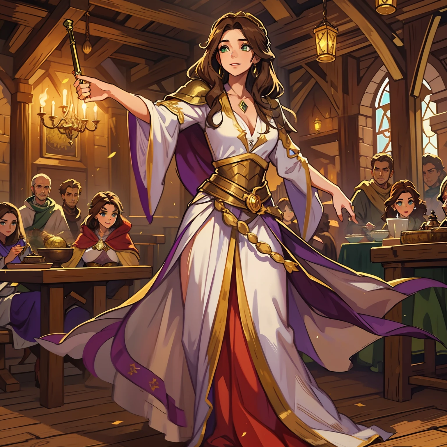 A beautiful woman with green eyes and brown hair she is a witch sorceress wearing white and gold robes Noble robes A princess of magic and a happy look, she's dancing ((corada)) Tavern hall background An art for an RPG A medieval art for RPG