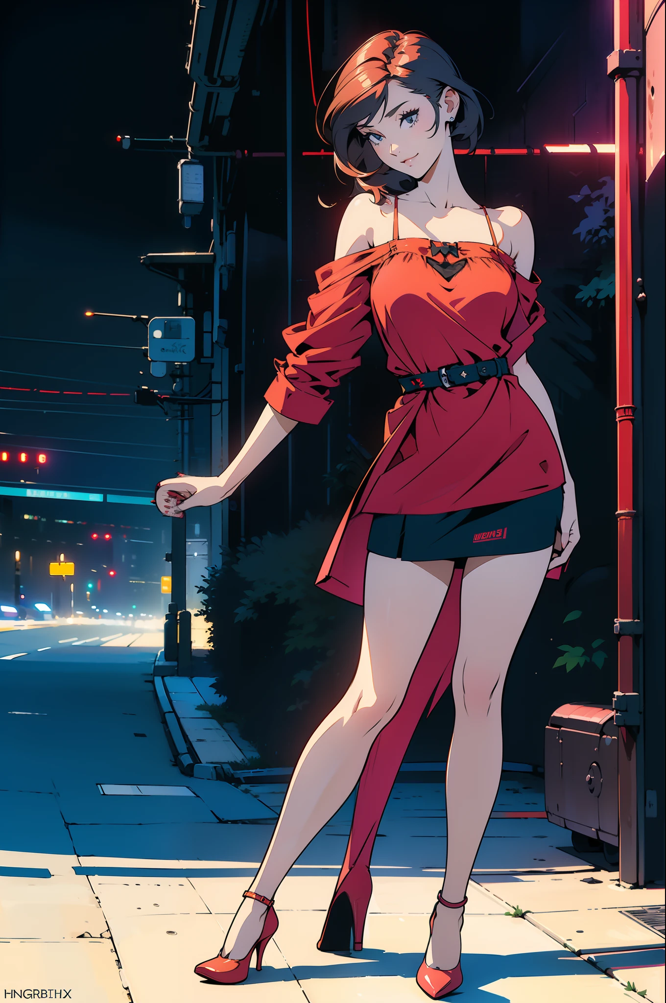 ((Best Quality)), ((Masterpiece)), ((Realistic)) 19 year old, redhead girl, shoulder length hair, relaxed happy face ((slender)) (busty) ((long legs)) ((high heels)) ((( nightie dress ))) ((( mini skirt ))) ((sexy )) cyberpunk attire, textured pixie haircut , full shot. beautiful face,