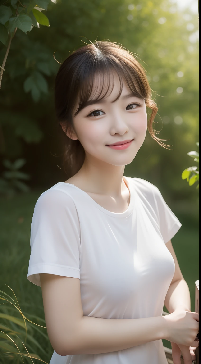 Realistic photos of 1 cute Korean actress, straight hair, I flew., White skin, thin makeup, Bust size 32 inches, slight smile, Wear a shirt with a waistband., The university is the backdrop., upper body image, Color like Ghibli, UHD