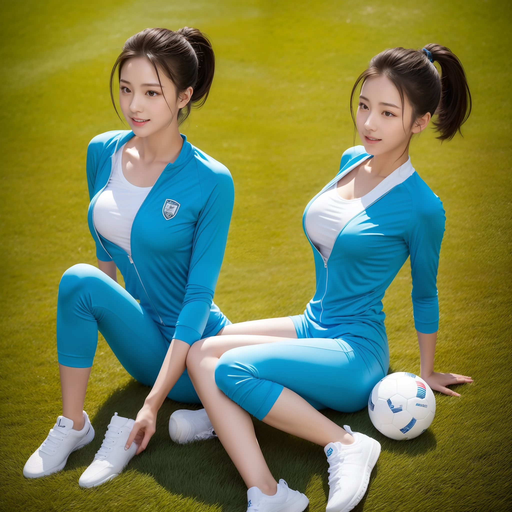 1 very beautiful female high school student，Wear blue and white tracksuits，Lying on the grass of a football field playing with a ball，（Lie on the grass:1.02），Super high value，perfect body figure，Beautiful short ponytail，Delicate hair，Fair face and skin，Beads of sweat on the forehead，Have fun on the playground，（（（The chest is huge））），Breasts are full and straight:1.5，（The tracksuit on the chest is high and bulging, Tightness and bulging:1.5），Delicate fair and soft toes，White and delicate fingers，（Delicate sneakers:1.5），Focus on the chest，fully body photo