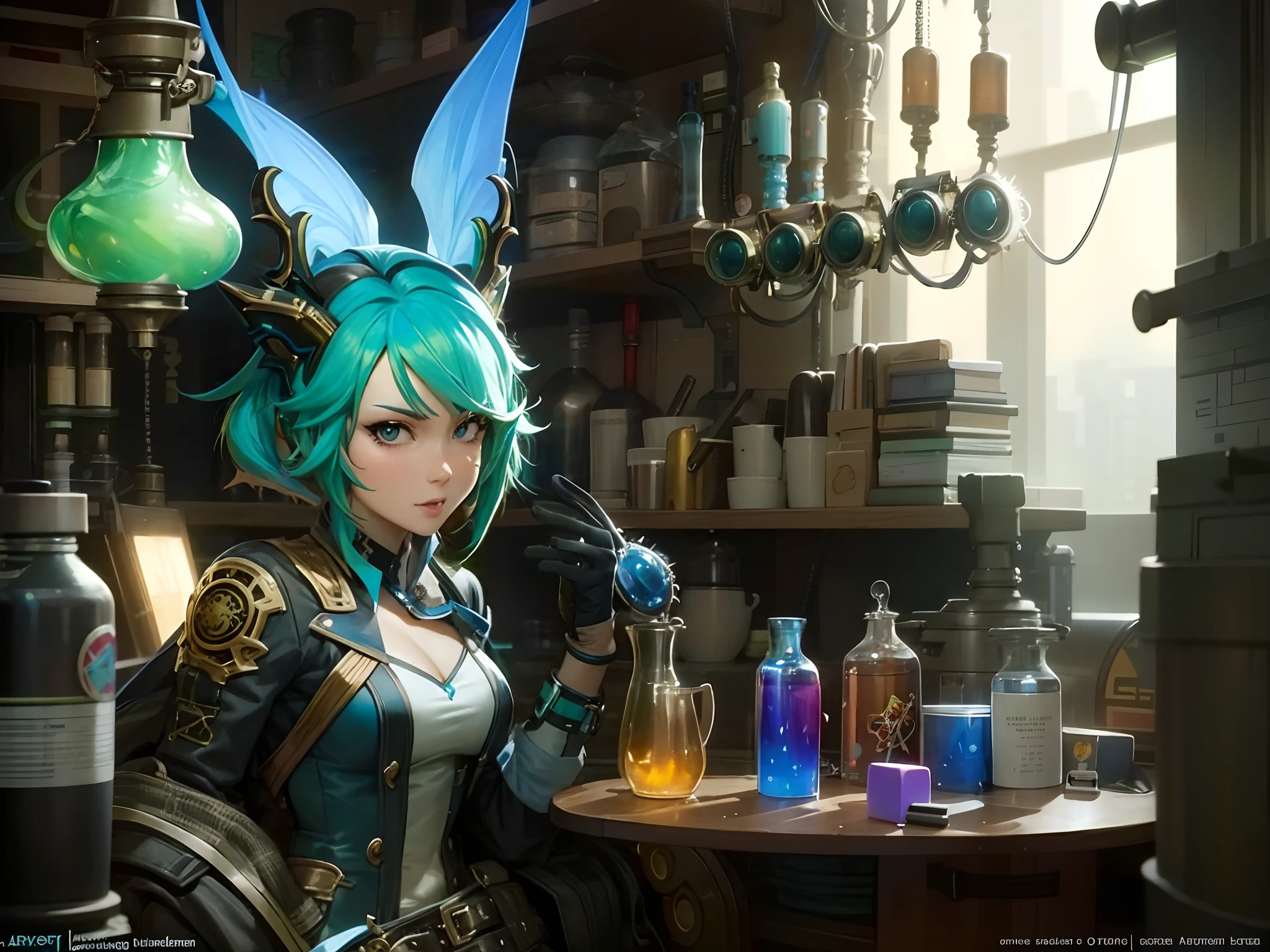 a woman with green hair and blue hair in a room, artgerm julie bell beeple, stanley artgerm lau, fantasy alchemist laboratory, artgerm and atey ghailan, extremely detailed artgerm, wlop and artgerm, artgerm and lois van baarle, artist artgerm i and wlop