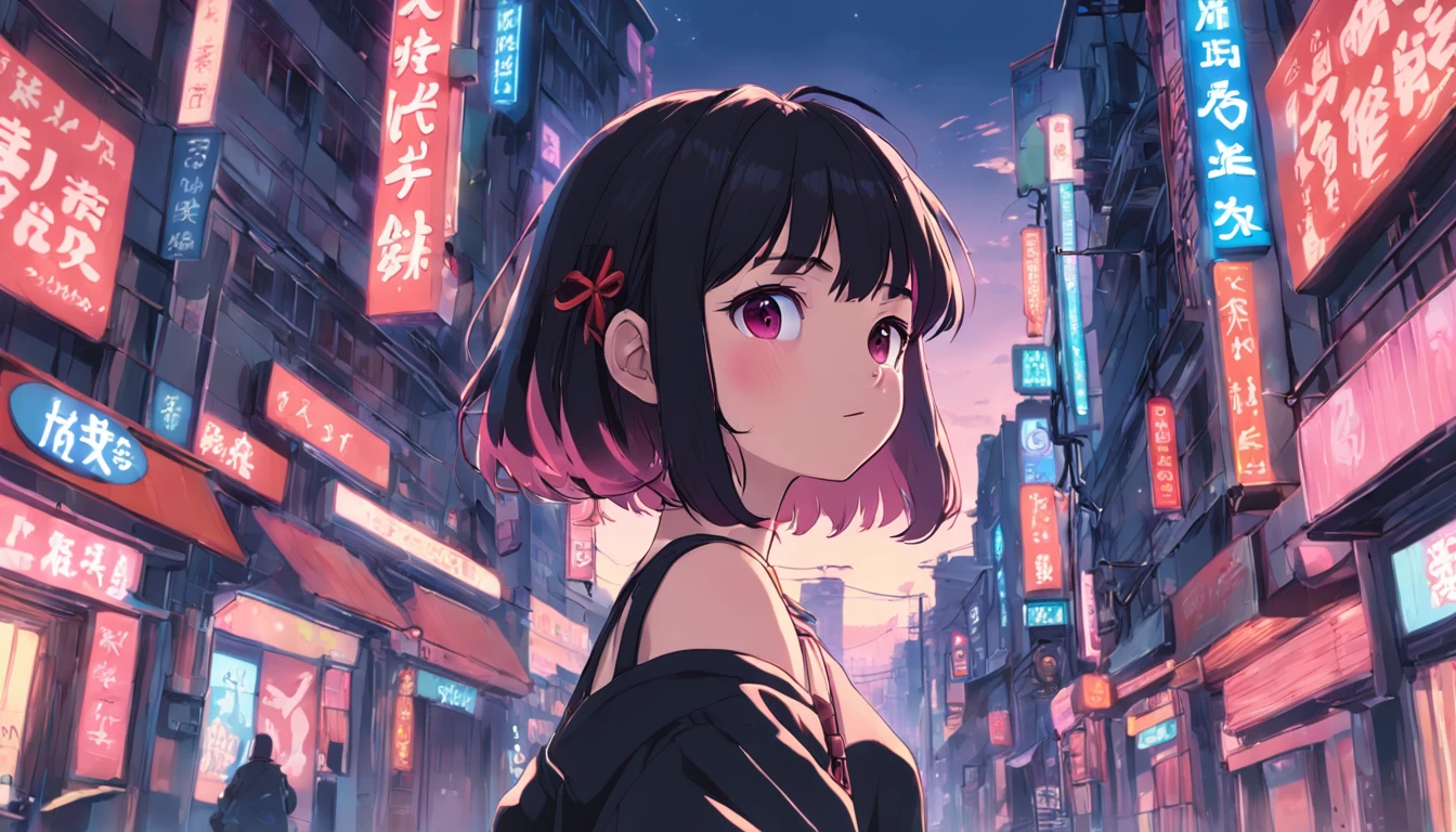 1girl in, A dark-haired, off shoulders, Animated scene of street with neon signs and buildings, lofi hip hop, lofi artstyle, lofi art, chillhop, lofi, anime movie background, koto no ha no niwa, Anime Background, lofi aesthetic, Wit Studio Anime, lofi album art, Rophy Technology, lofi vibes, lofi feel, Lofivibe、((​masterpiece),(the Extremely Detailed CG Unity 8K Wallpapers)、top-quality、、独奏、1girl、电影灯光、细致背景、beatiful detailed eyes、Bright pupils、(extremely delicate and beautiful)、(Beautiful and detailed eyes description)、ultra-detailliert、​masterpiece、))