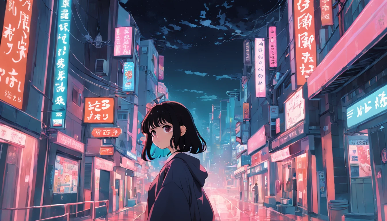 1girl in, A dark-haired, off shoulders, Animated scene of street with neon signs and buildings, lofi hip hop, lofi artstyle, lofi art, chillhop, lofi, anime movie background, koto no ha no niwa, Anime Background, lofi aesthetic, Wit Studio Anime, lofi album art, Rophy Technology, lofi vibes, lofi feel, Lofivibe、((masterpiece),(the Extremely Detailed CG Unity 8K Wallpapers)、top-quality、、独奏、1girl、电影灯光、细致背景、beatiful detailed eyes、Bright pupils、(extremely delicate and beautiful)、(Beautiful and detailed eyes description)、ultra-detailliert、masterpiece、))