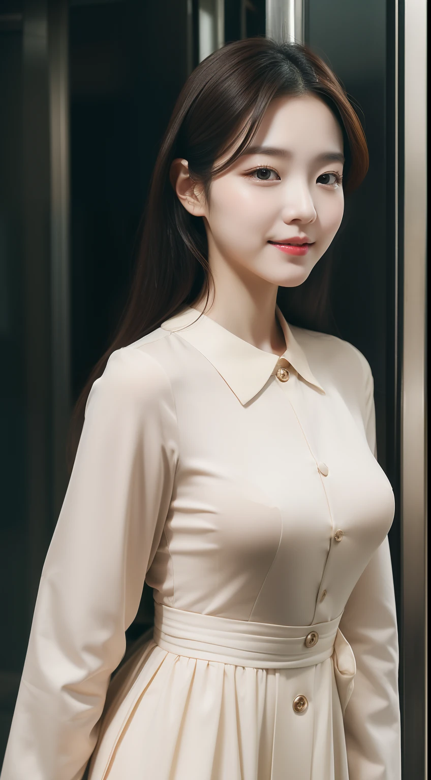 realistic photos of 1 cute Korean star, curtained hair, white skin, thin makeup, 32 inch breasts size, slightly smile, wearing long sleeves shirt, wating a train, upper body portrait, Neoclassicism, UHD
