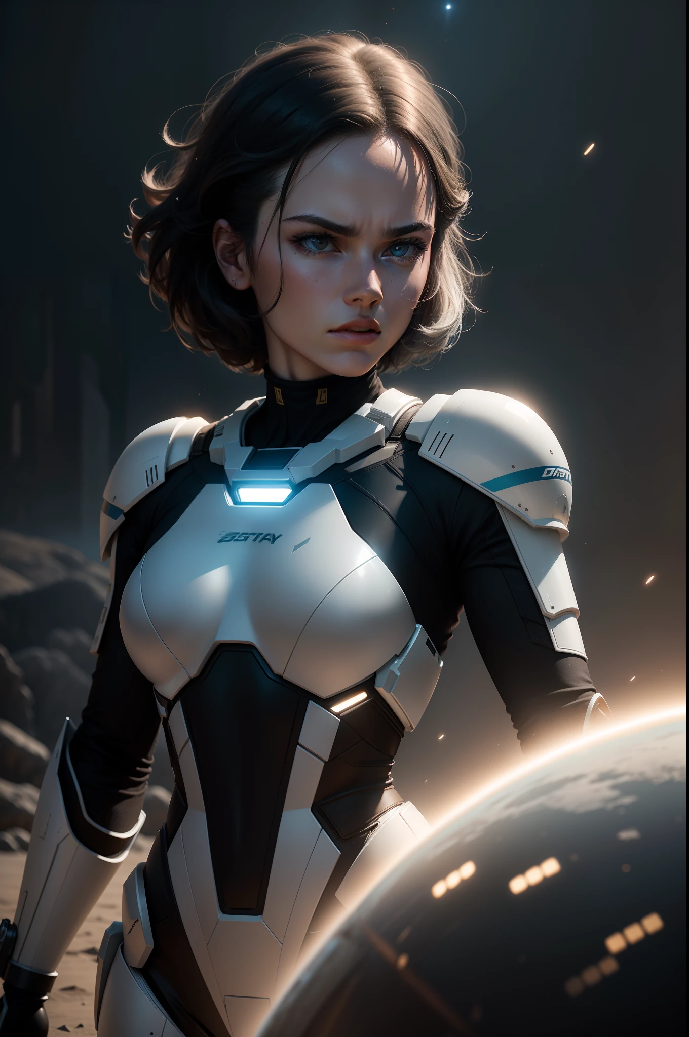 a closeup action of the hot Sci fi epic Daisy Ridley in a sci-fi tech suit clothes long white hair, Detalhes da roupa, net effect, space, astro, Fotografia de campo de batalha interestelar, luz natural, fotorrealismo, cinematic rendering, ray tracing, A mais alta qualidade, O mais alto detalhe, cinemactic, Third-person view, Efeito de desfoque, Long exposure, 8k, ultra-HD, natural lighting, Moody Lighting, Cinematic lighting